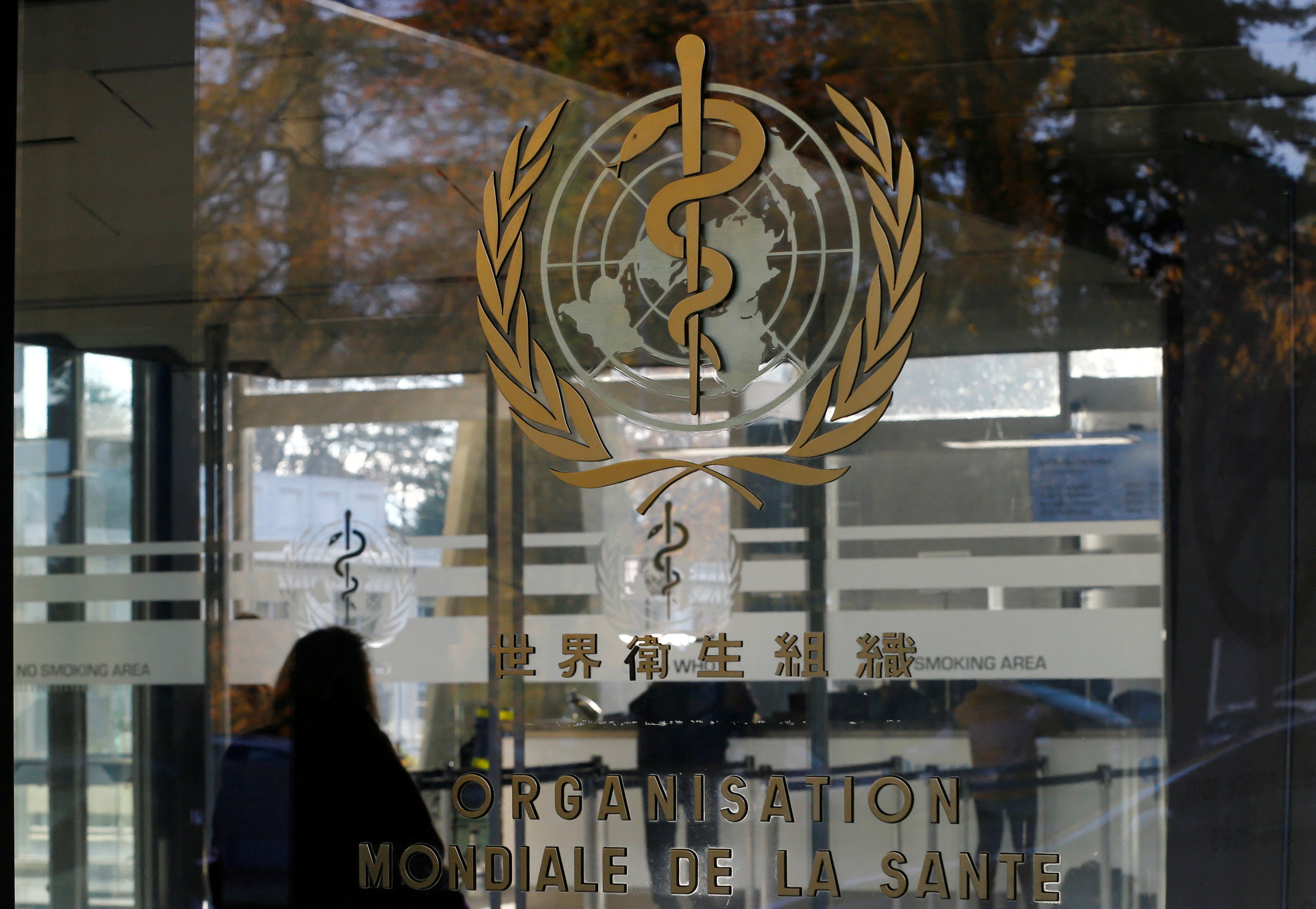 A logo is pictured on the World Health Organization headquarters in Geneva