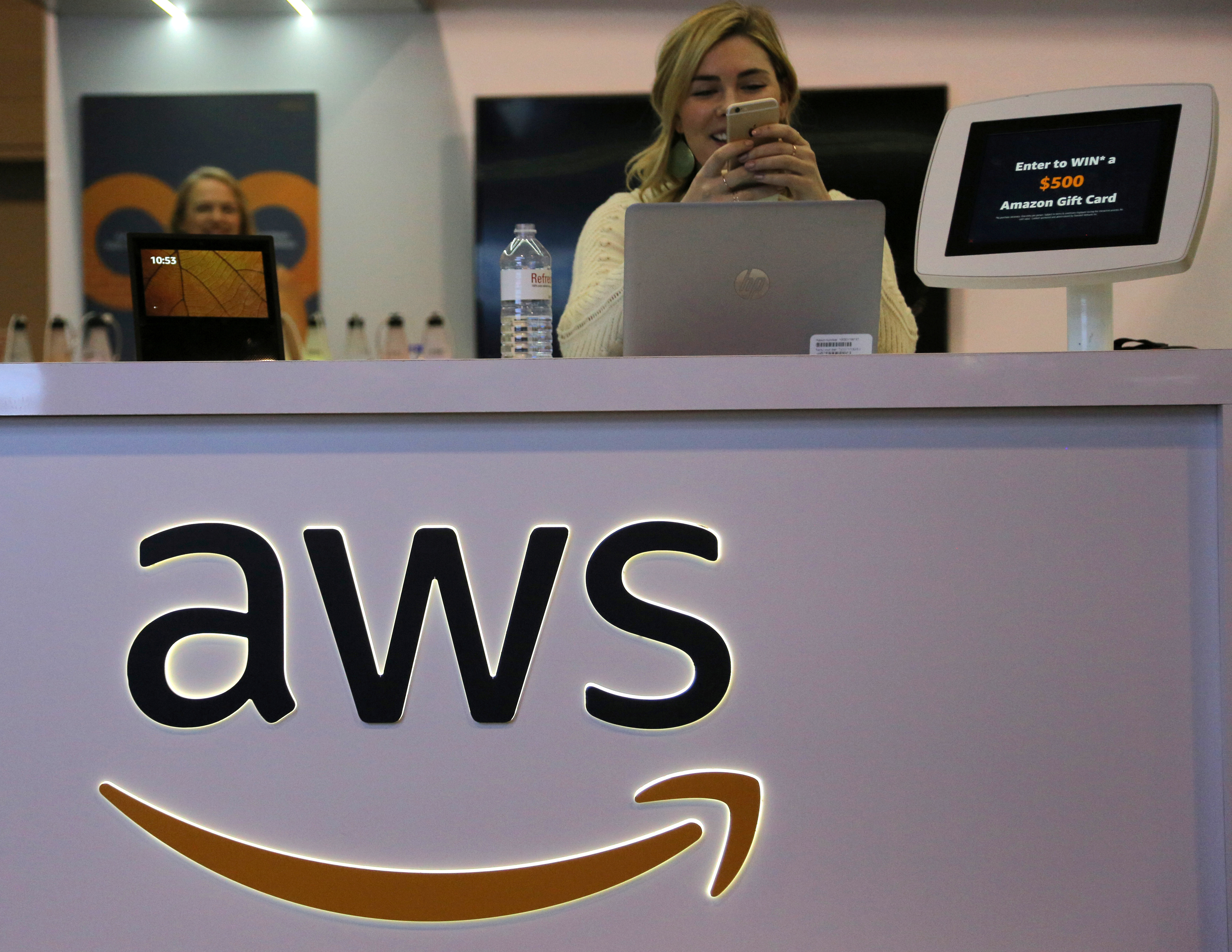 The logo for Amazon Web Services (AWS) is seen at the SIBOS banking and financial conference in Toronto, Ontario, Canada October 19, 2017.