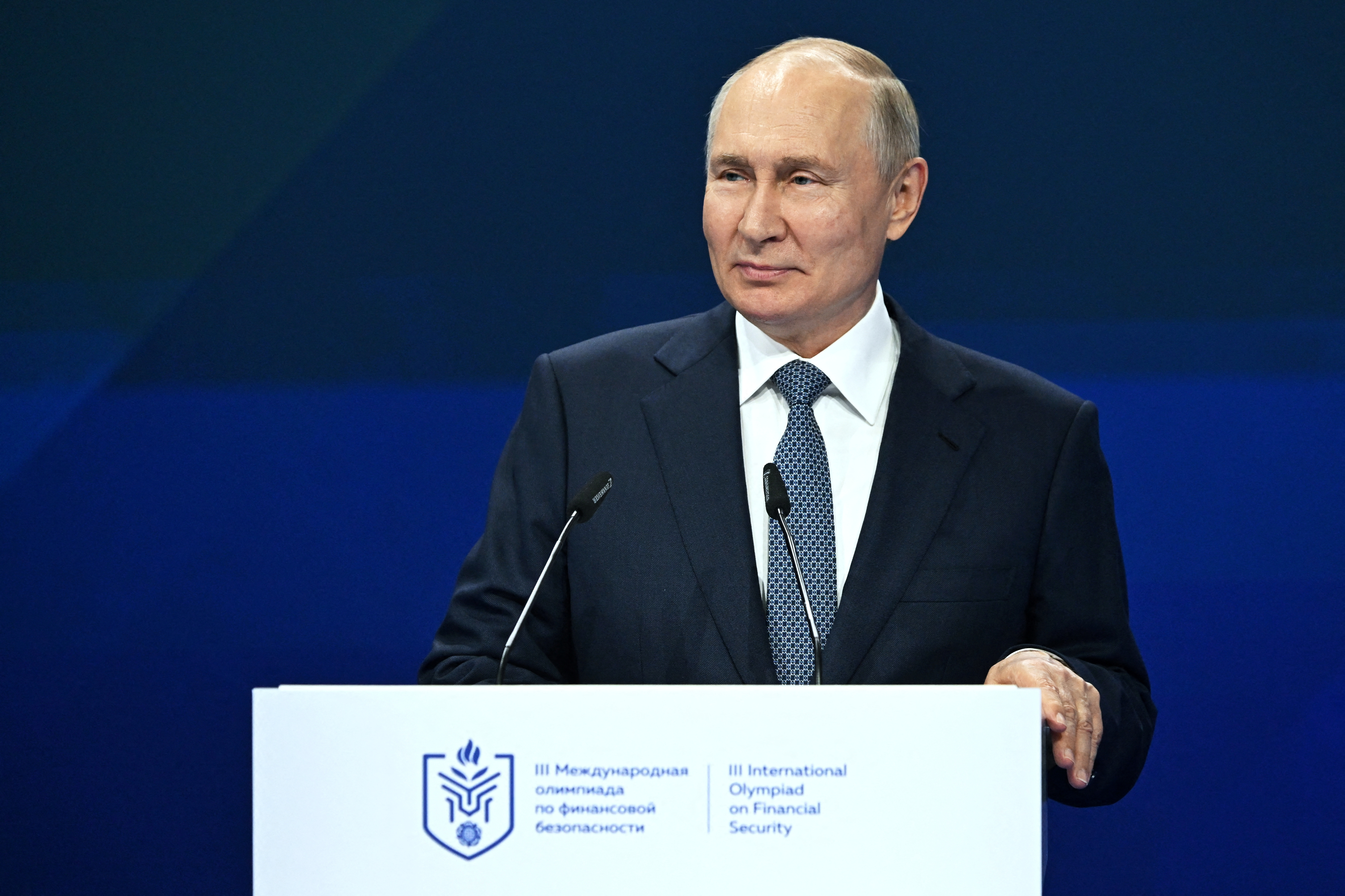 Russian President Vladimir Putin attends a plenary session as part of the 3rd International Olympiad on Financial Security in the Sirius Park of Science and Art in Krasnodar region