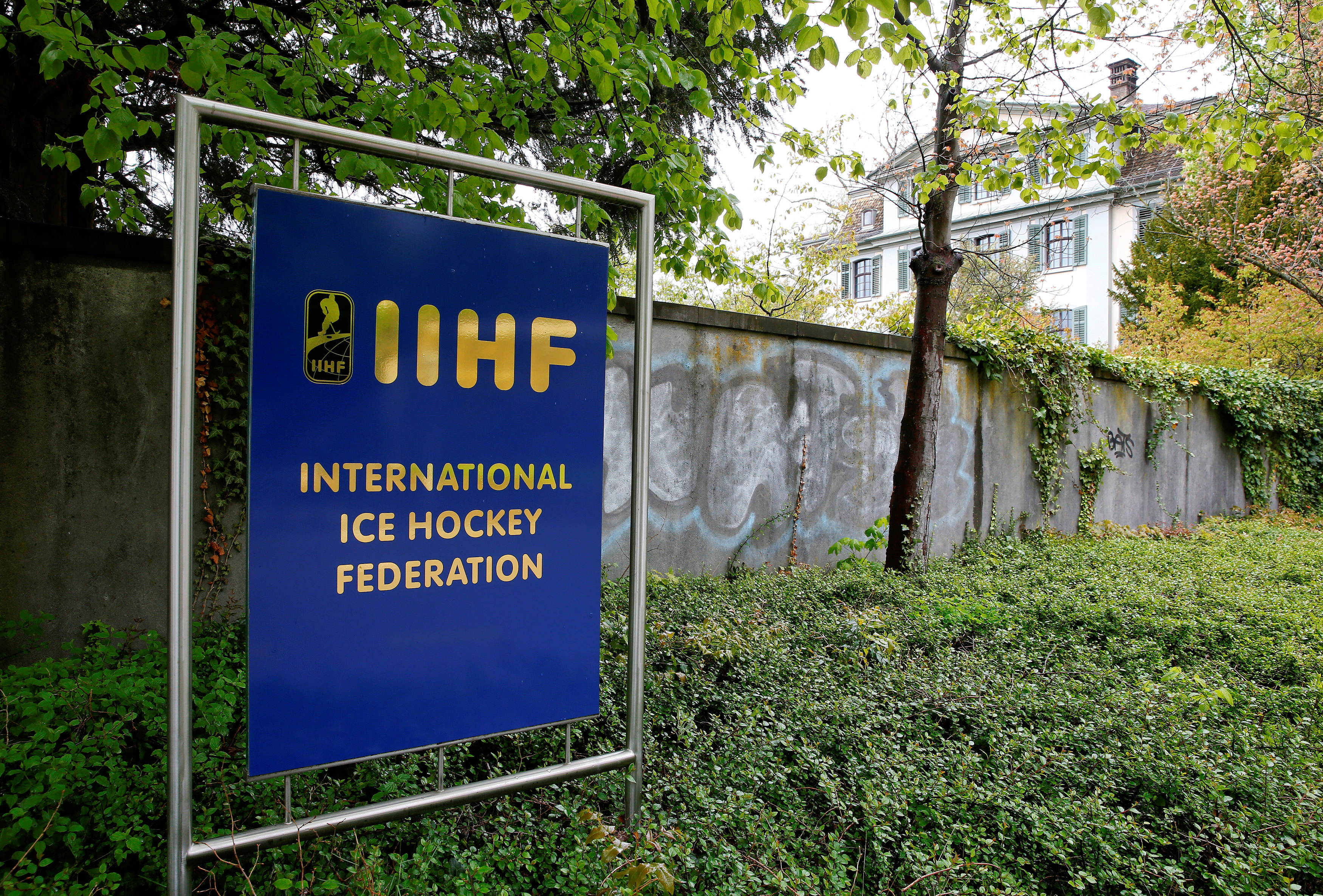 The logo of the International Ice Hockey Federation is seen in Zurich