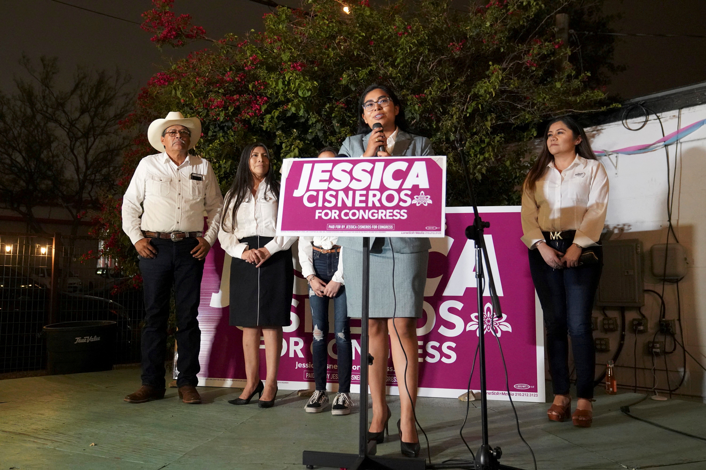 Democrat Jessica Cisneros campaigns for a House seat speaks during her watch party