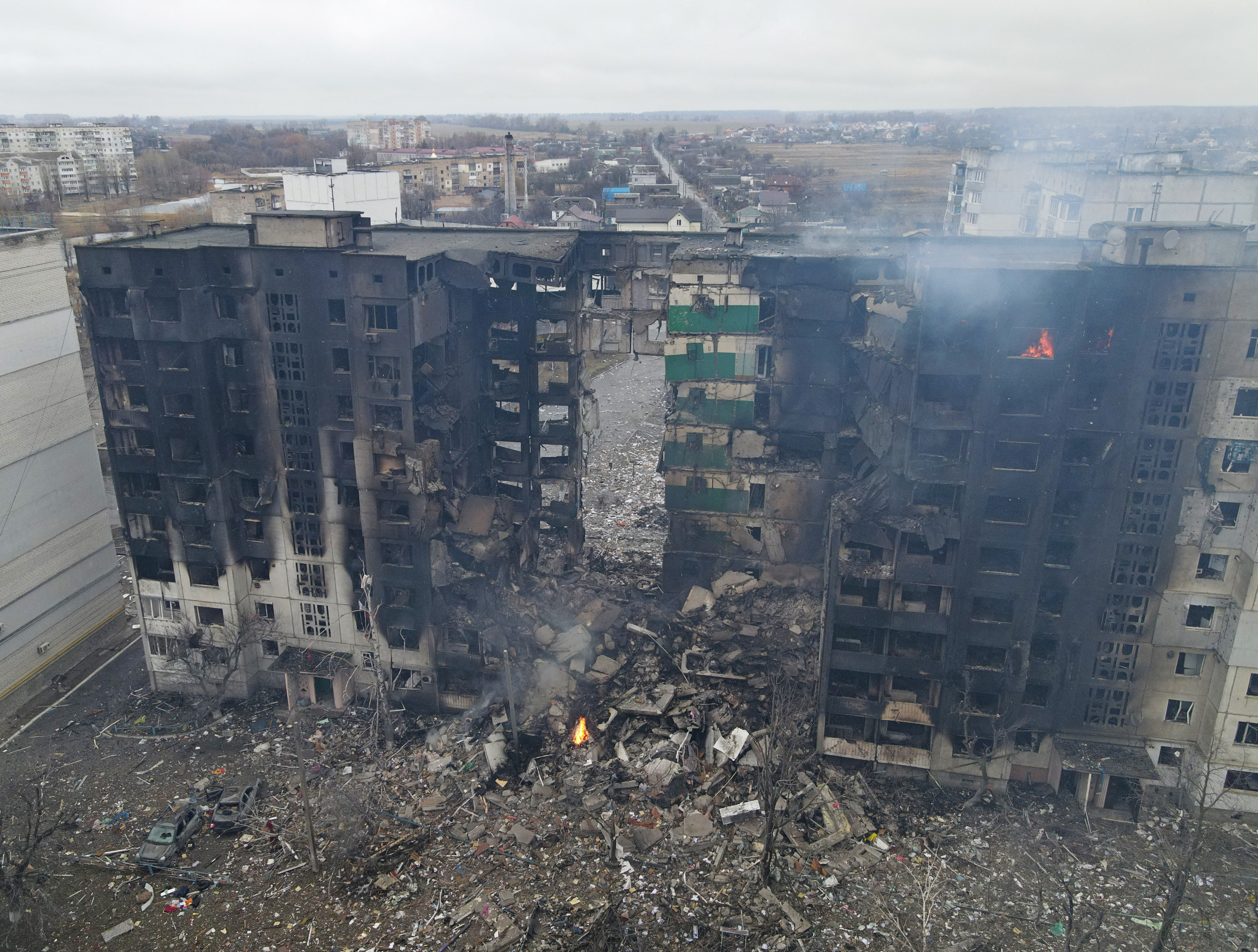 An aerial view shows a residential building destroyed by shelling in Borodyanka