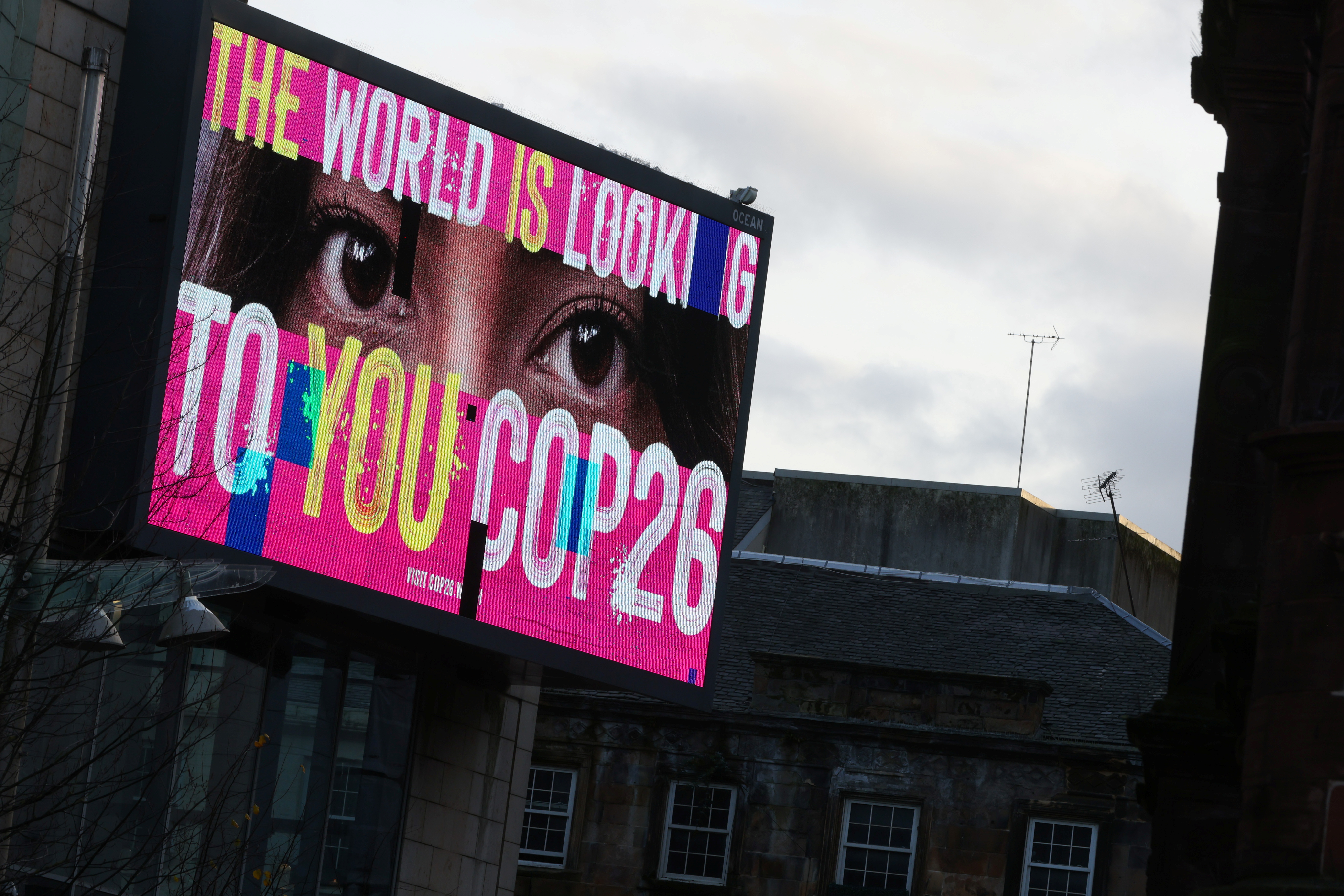An advertising board is seen during the UN Climate Change Conference (COP26), in Glasgow, Scotland, Britain, November 7, 2021. REUTERS/Yves Herman