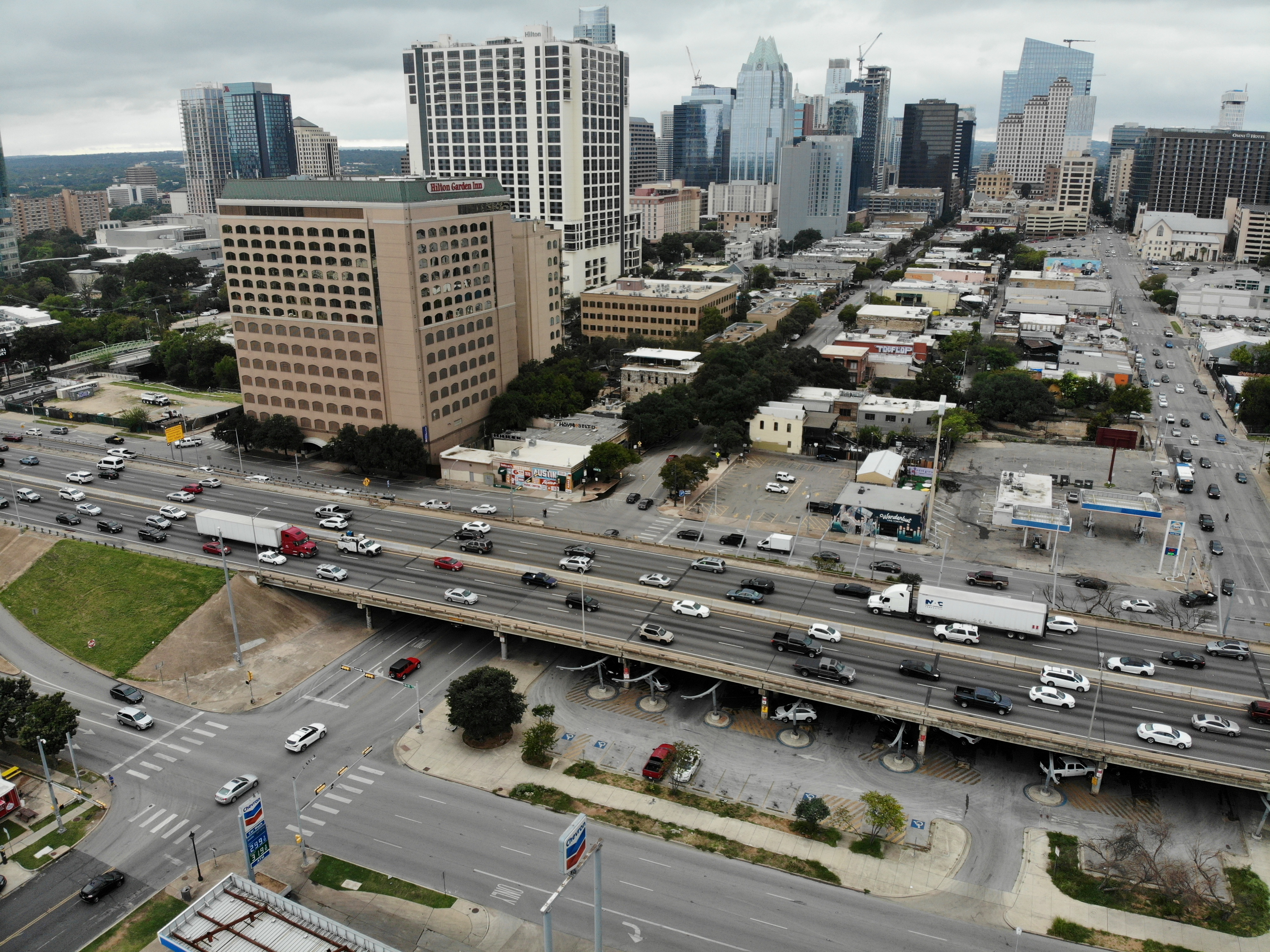 Aerial image of downtown Austin and a portion of Interstate 35