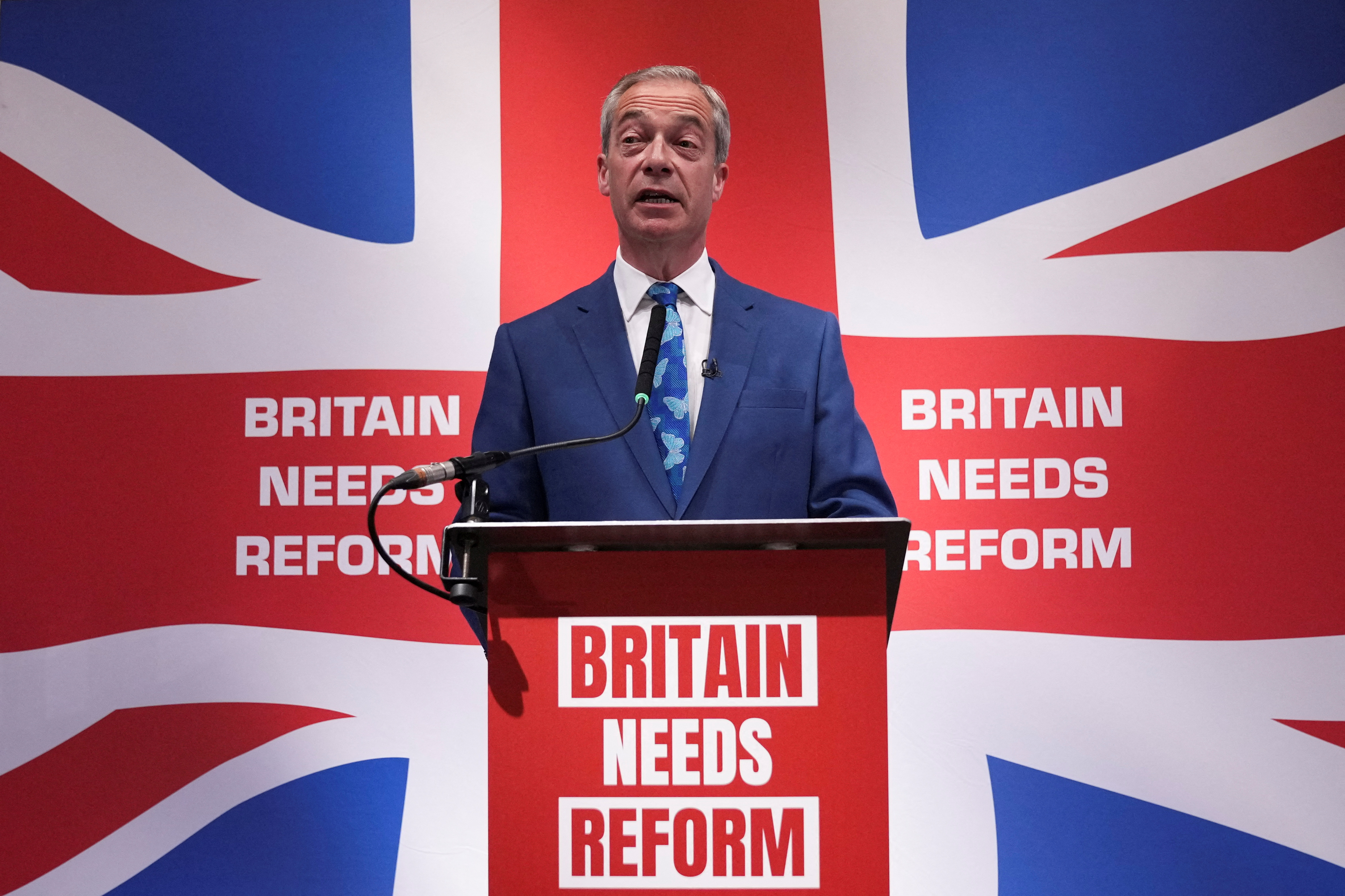 Honorary President of the Reform UK party Nigel Farage attends press conference, in London