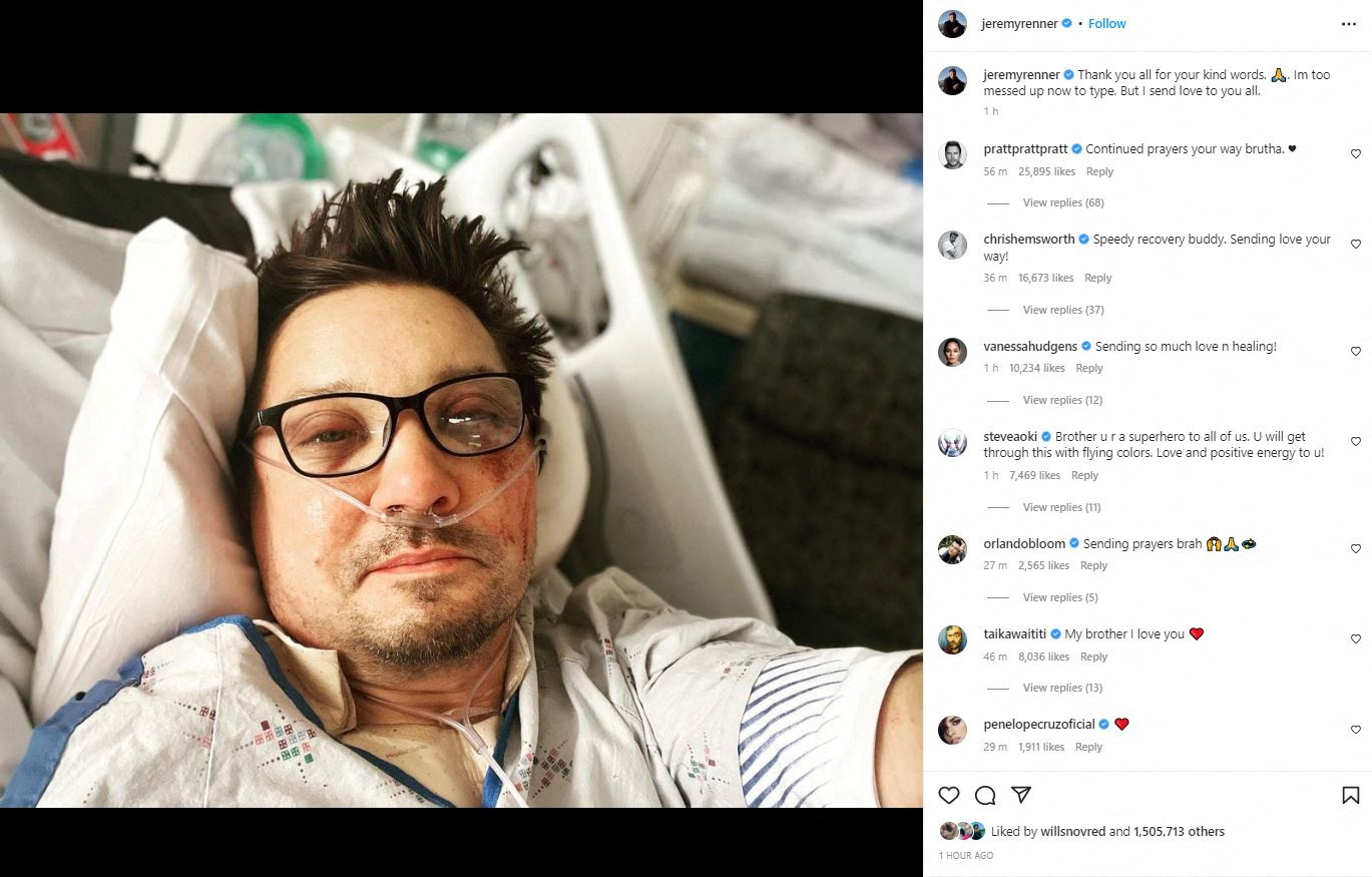 Jeremy Renner, Marvel's Hawkeye, posts first selfie after snow plow  accident | Reuters