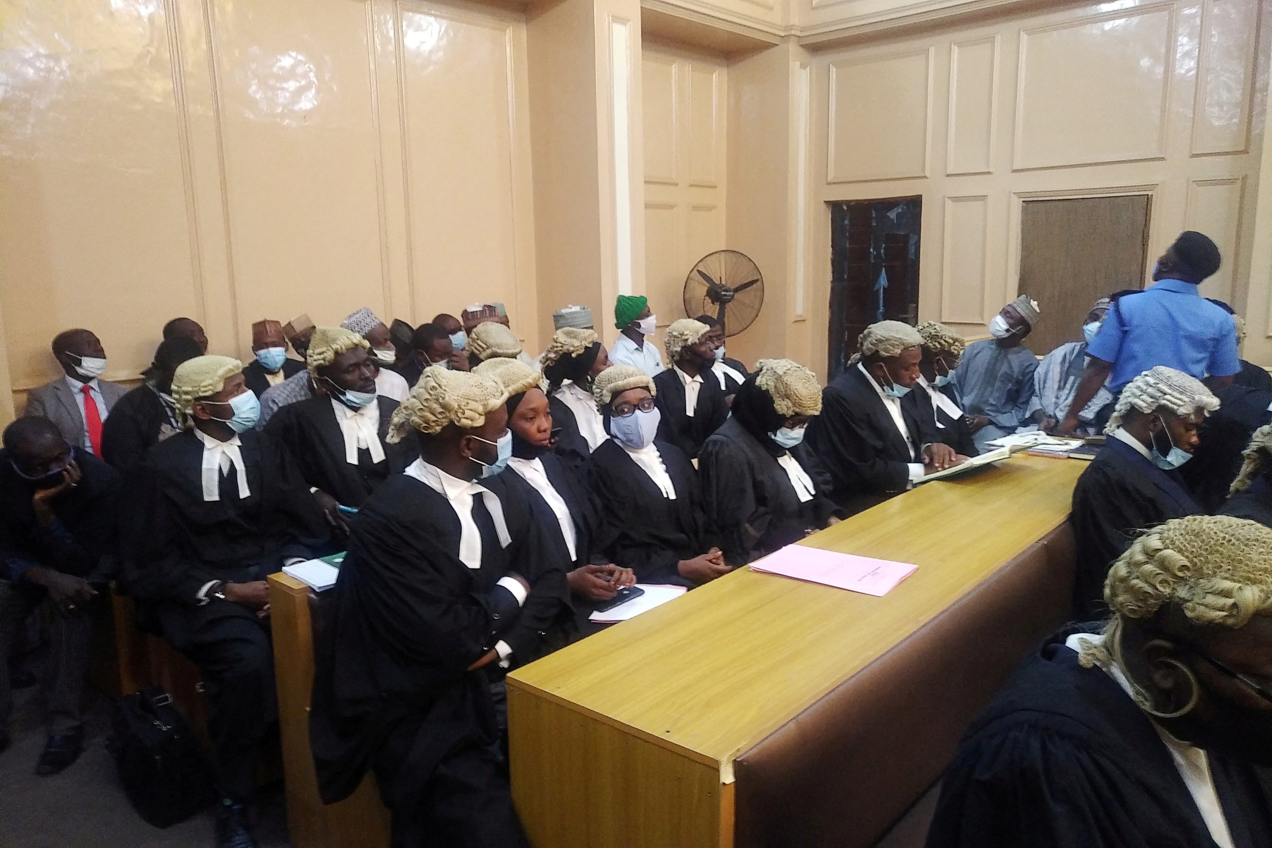 General view of a cross session of lawyers in a court during a hearing of a blasphemy case in Kano