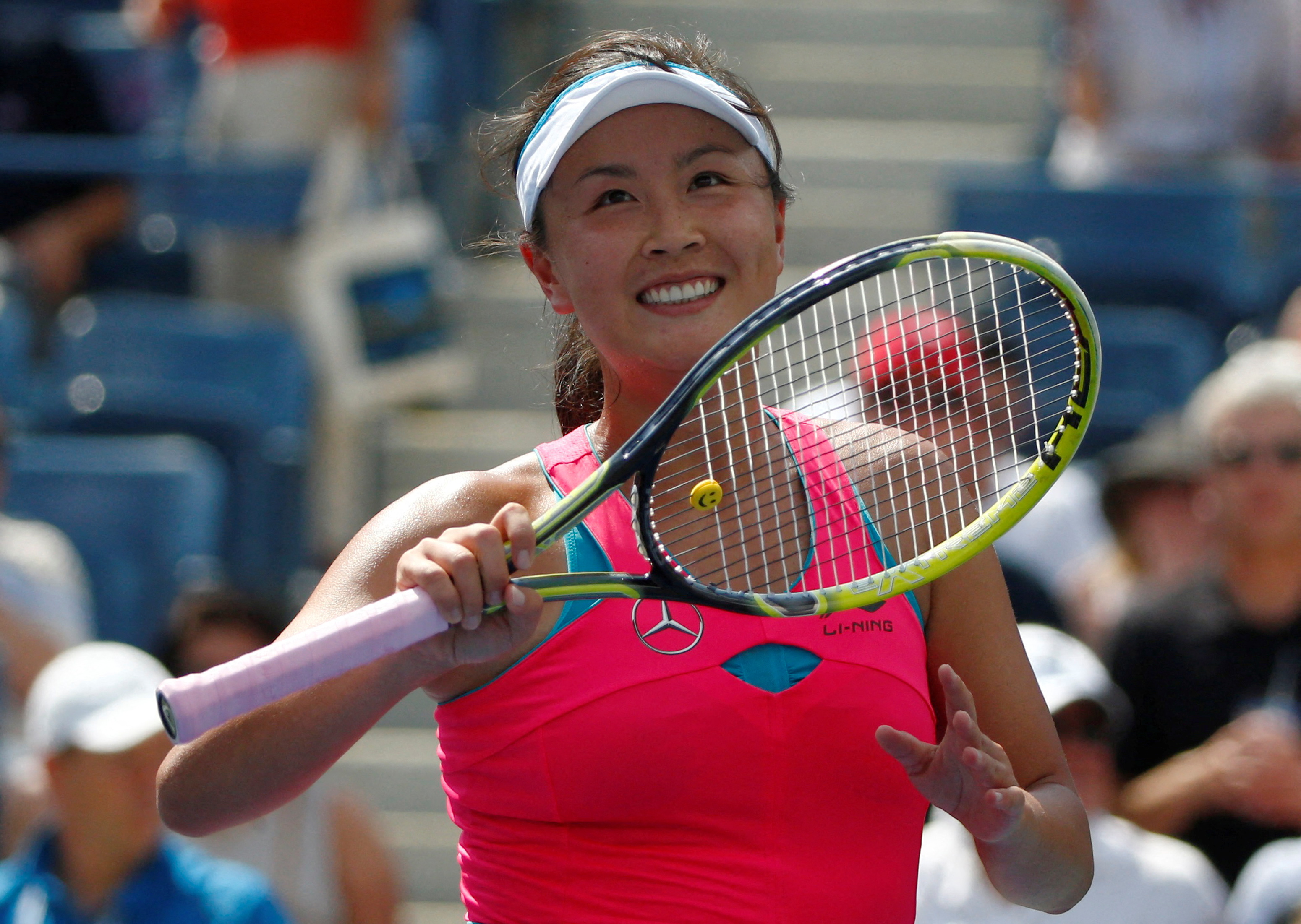 Peng Shuai of China reacts after her victory over Belinda Bencic of Switzerland in their quarterfinals match at the 2014 U.S. Open tennis tournament in New York
