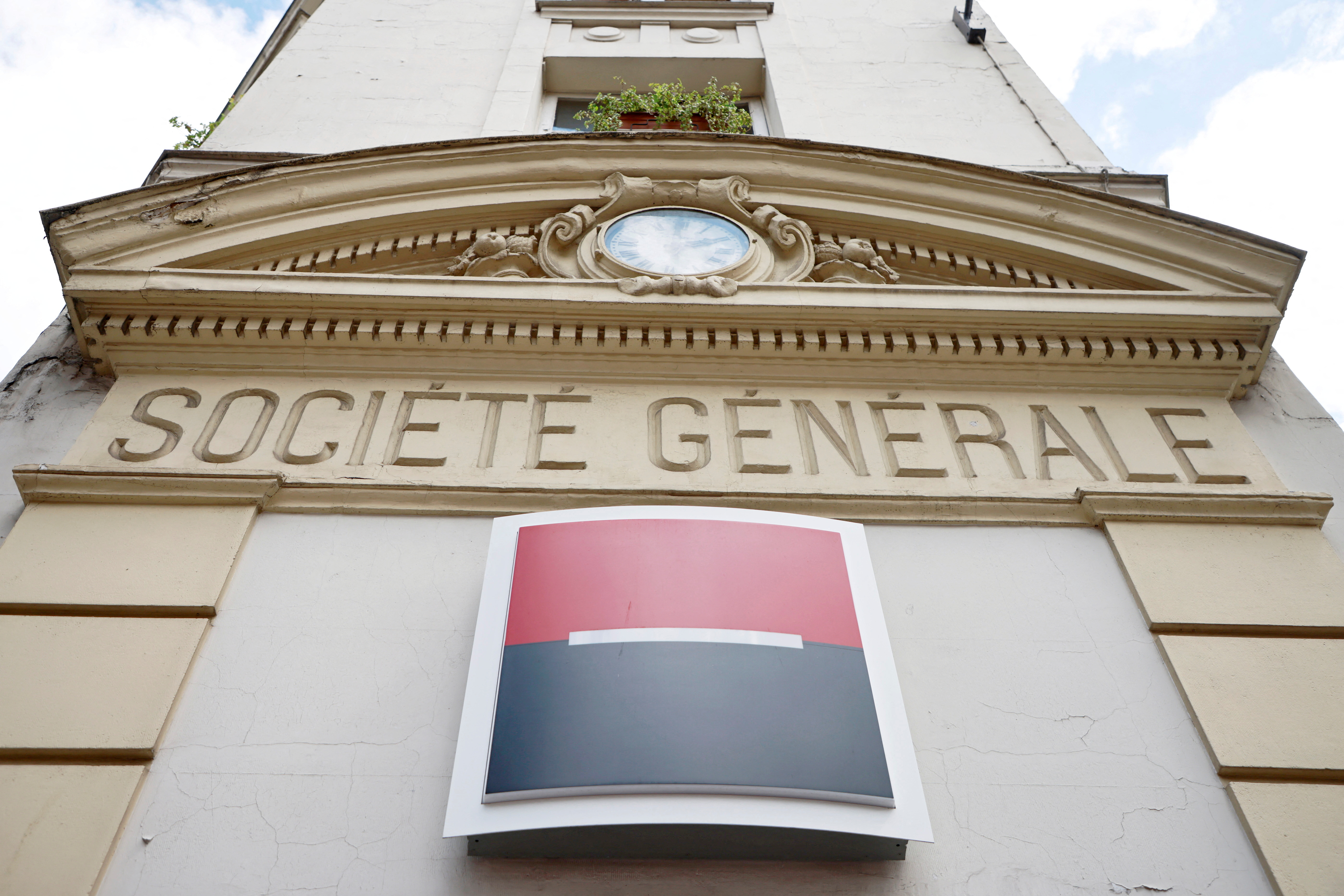 A Societe Generale sign is seen outside a bank building in Paris