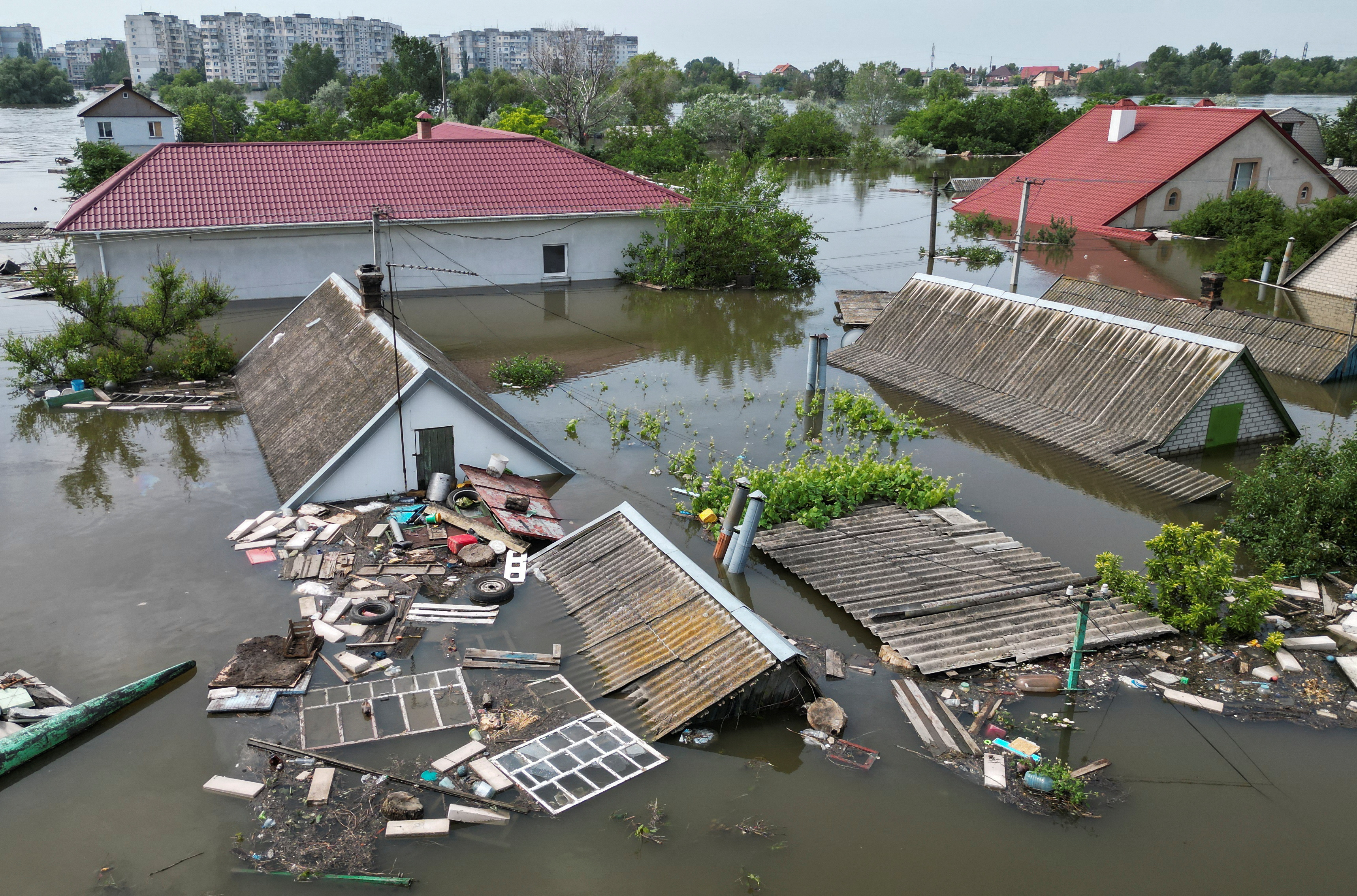 A view shows flooded residential buildings after the Nova Kakhovka dam breached, in Kherson