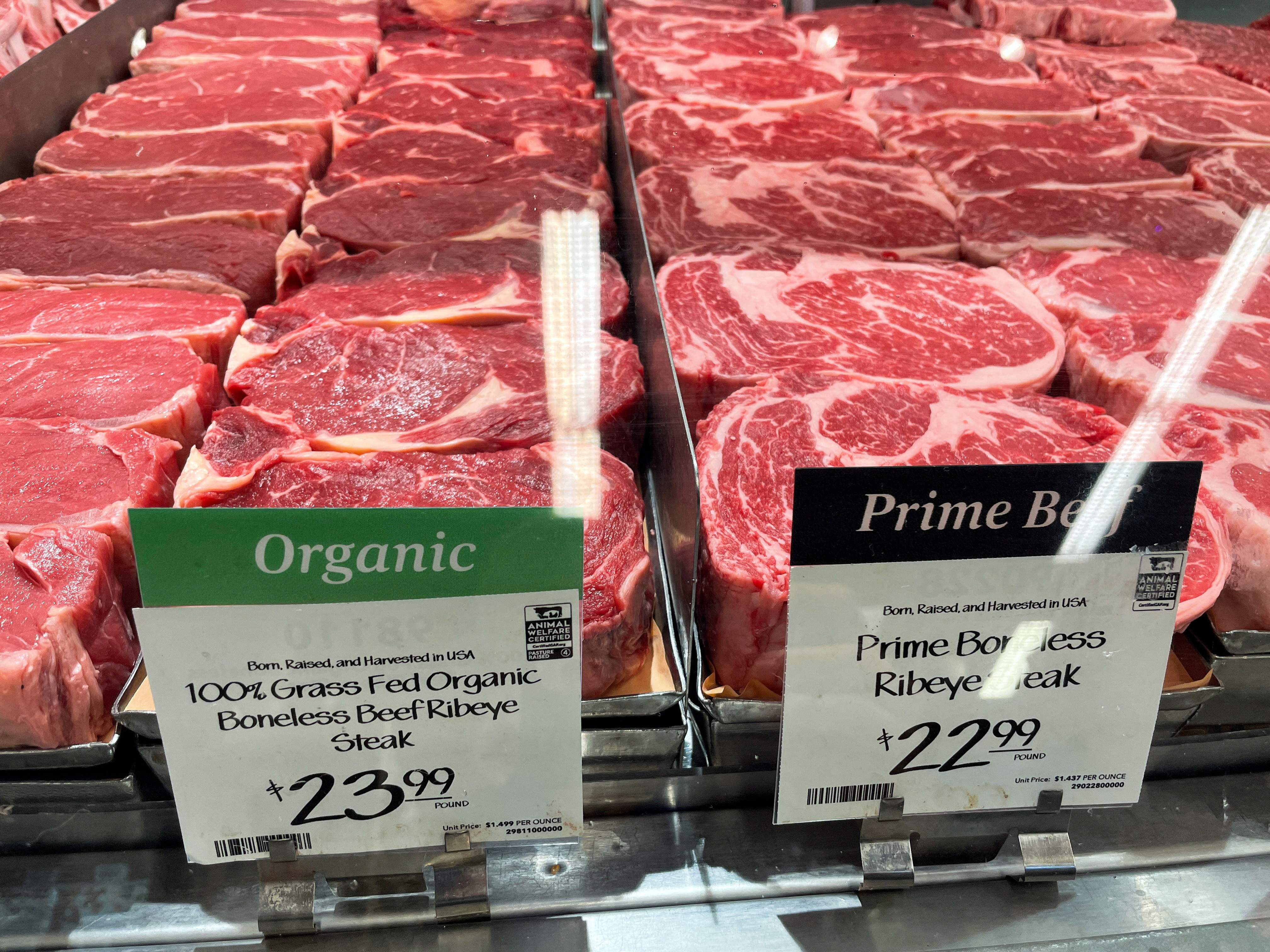 Meat is seen in a supermarket as rising inflation affects consumer prices in Los Angeles