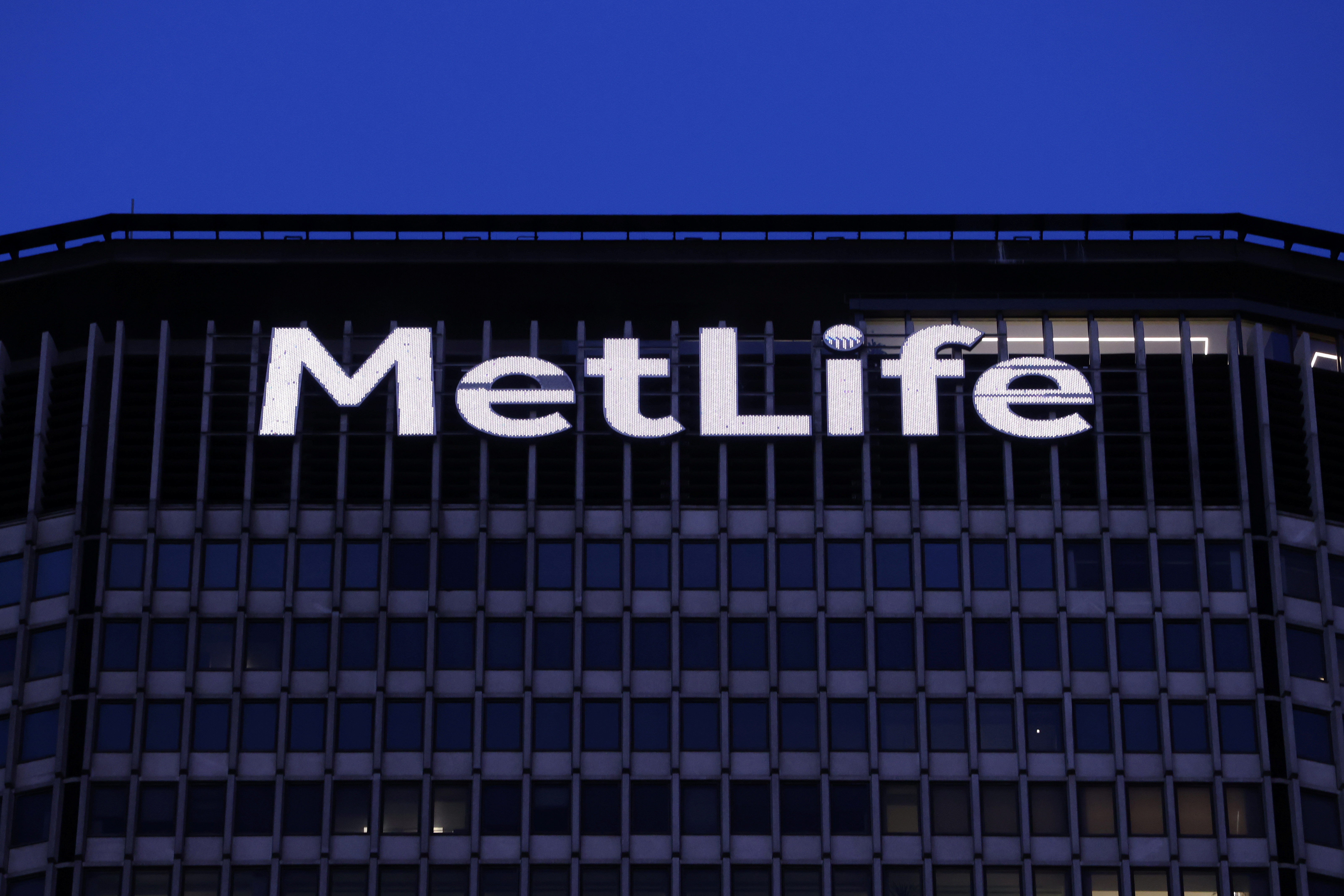 Signage is seen on the MetLife Inc building in Manhattan, New York
