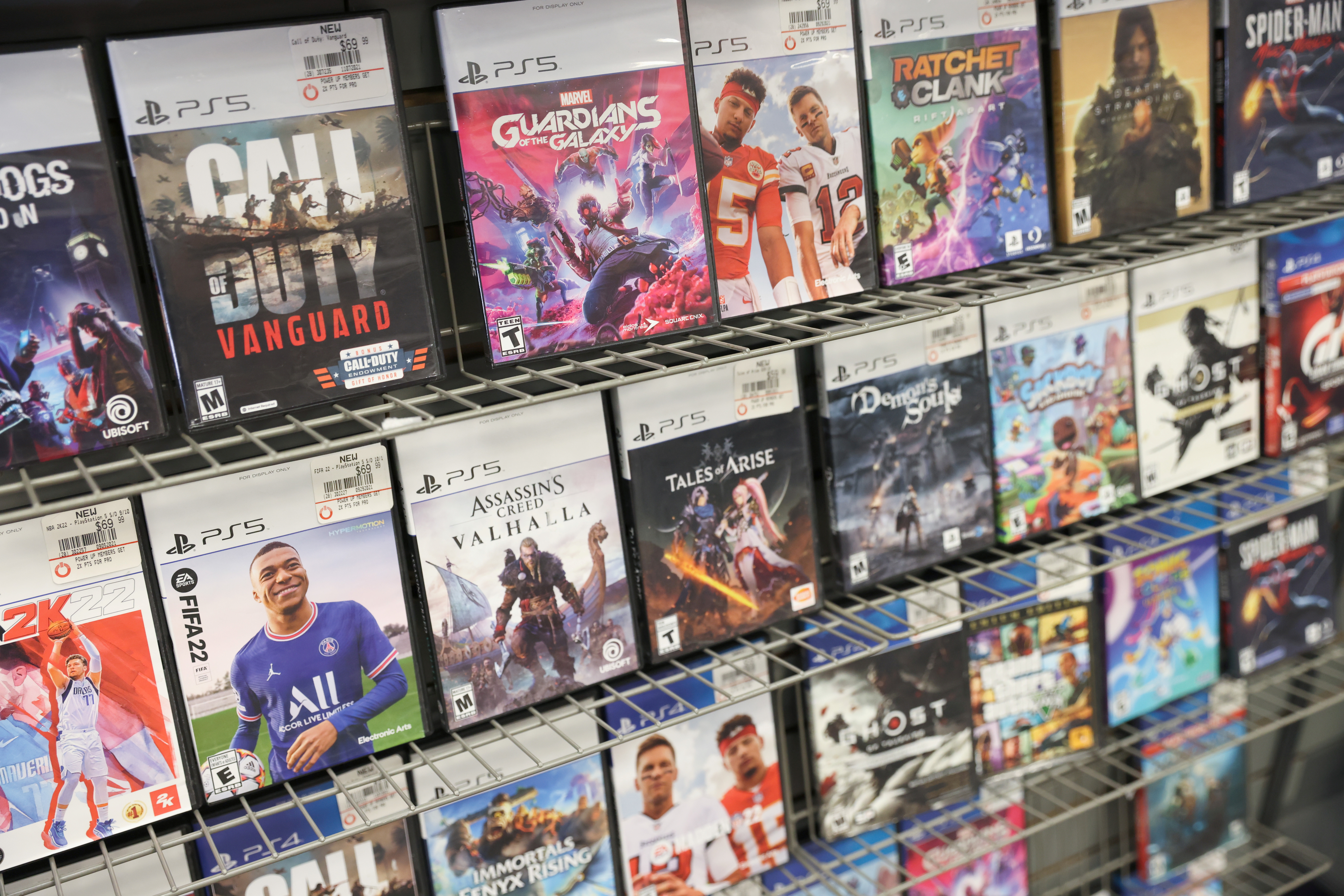 PS5 games by PlayStation are seen for sale at a GameStop in Manhattan, New York