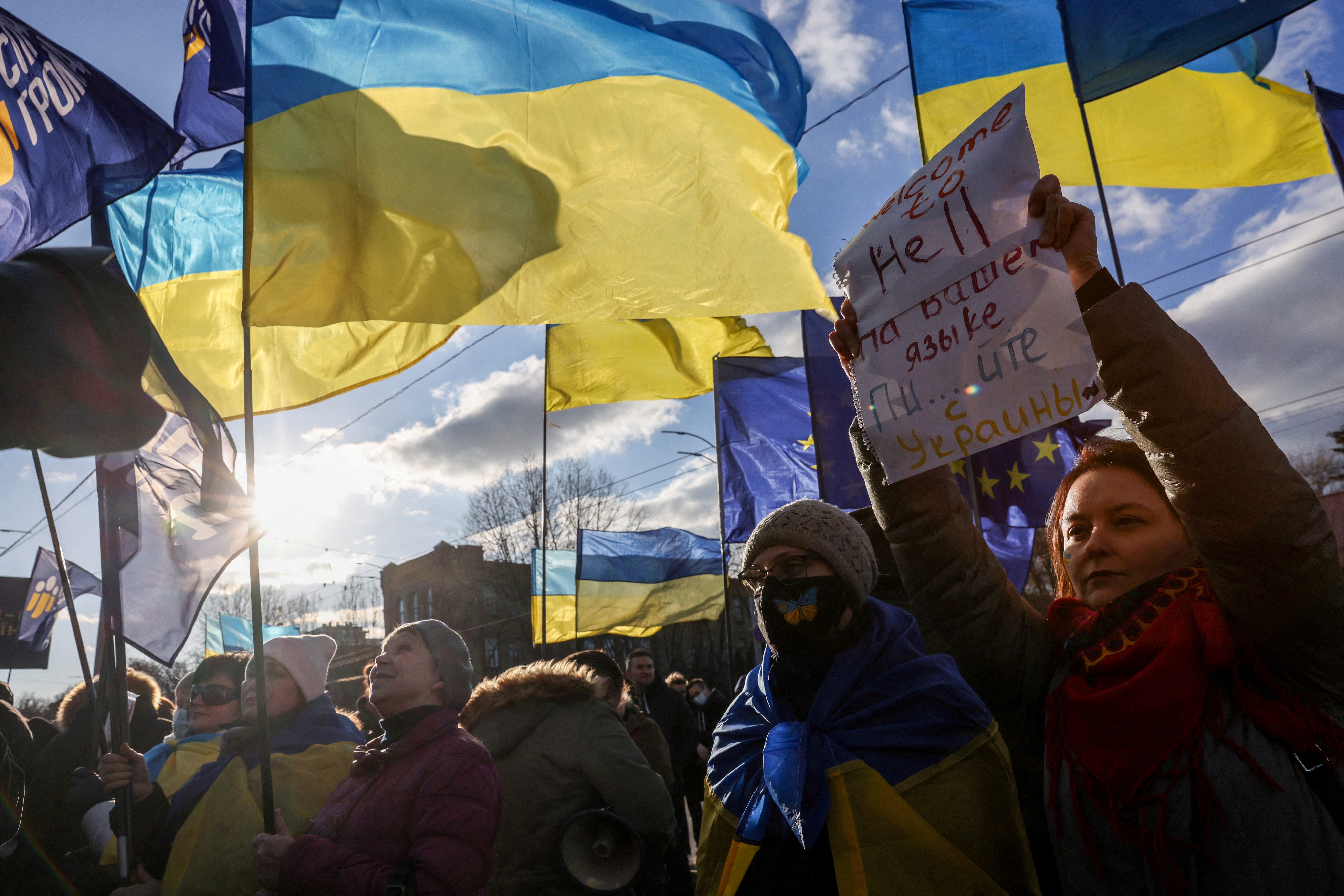 Ukrainians protest against Russia's actions in Donbass outside Russian embassy in Kyiv