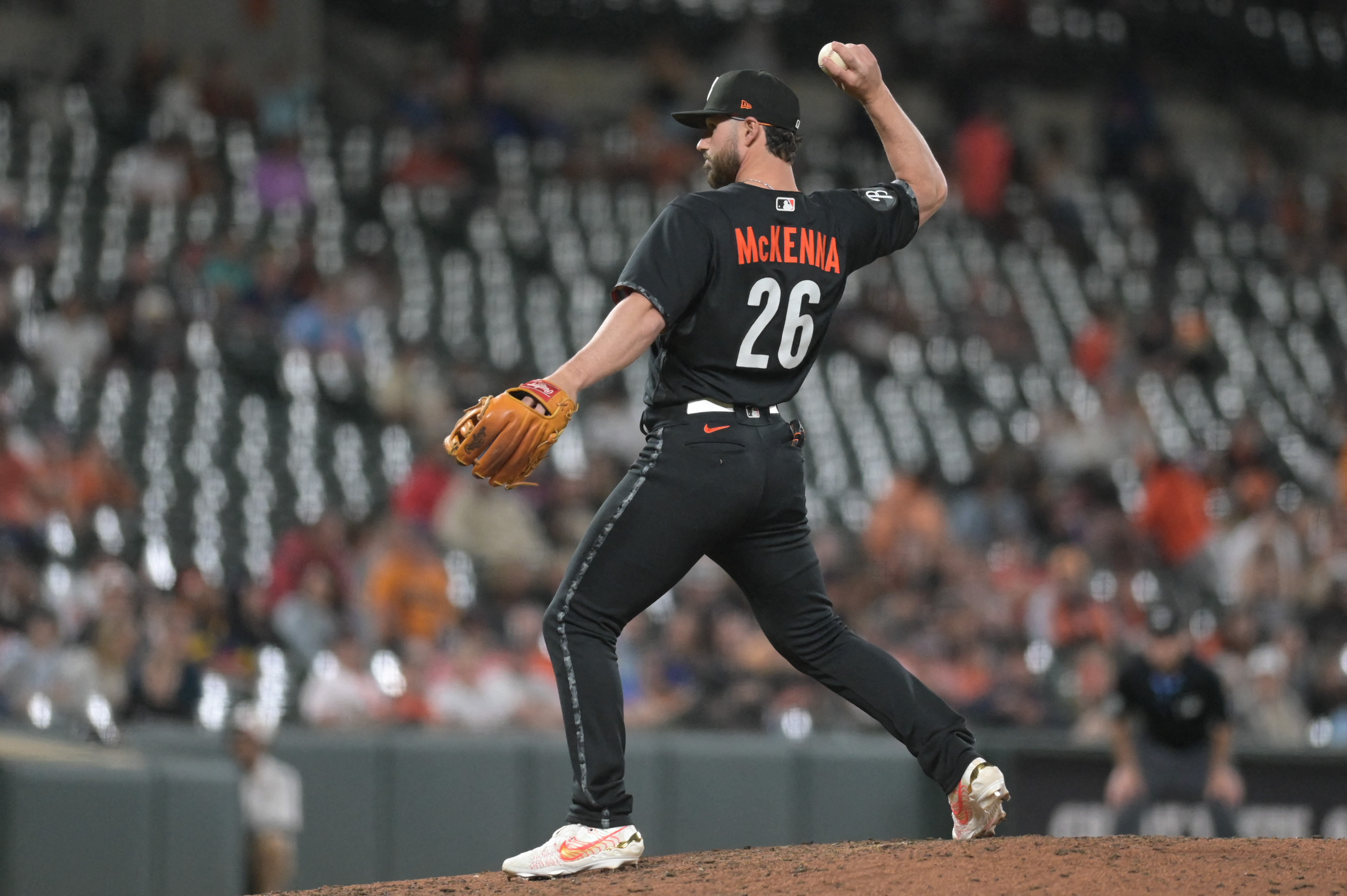 Baltimore Orioles right fielder Ryan McKenna (26) stands near the