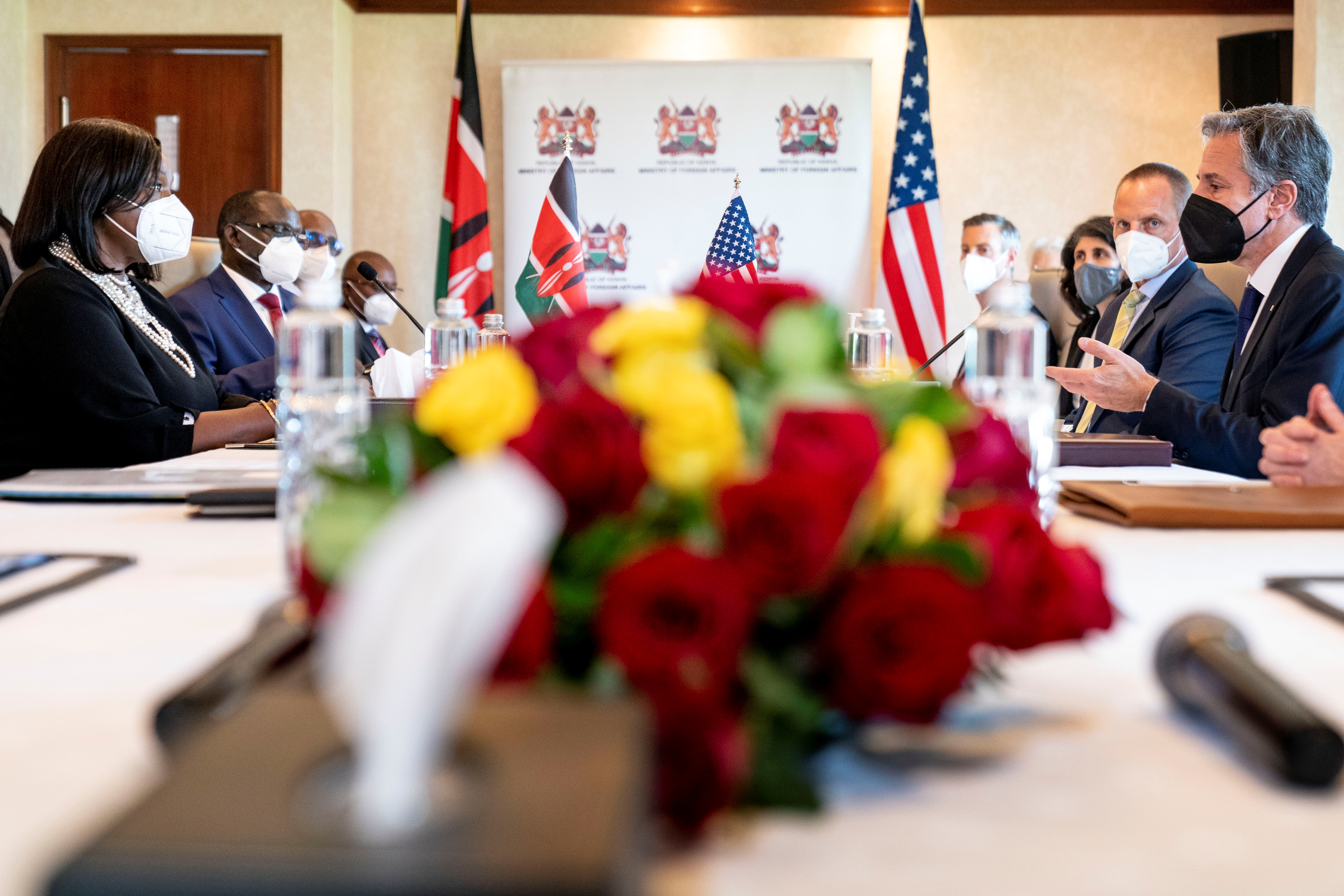 U.S Secretary of State Antony Blinken, speaks during a meeting with Kenya's Cabinet Secretary for Foreign Affairs, Ambassador Raychelle Omamo, at the Serena Hotel in Nairobi, Kenya, November 17, 2021. Andrew Harnik/Pool via REUTERS