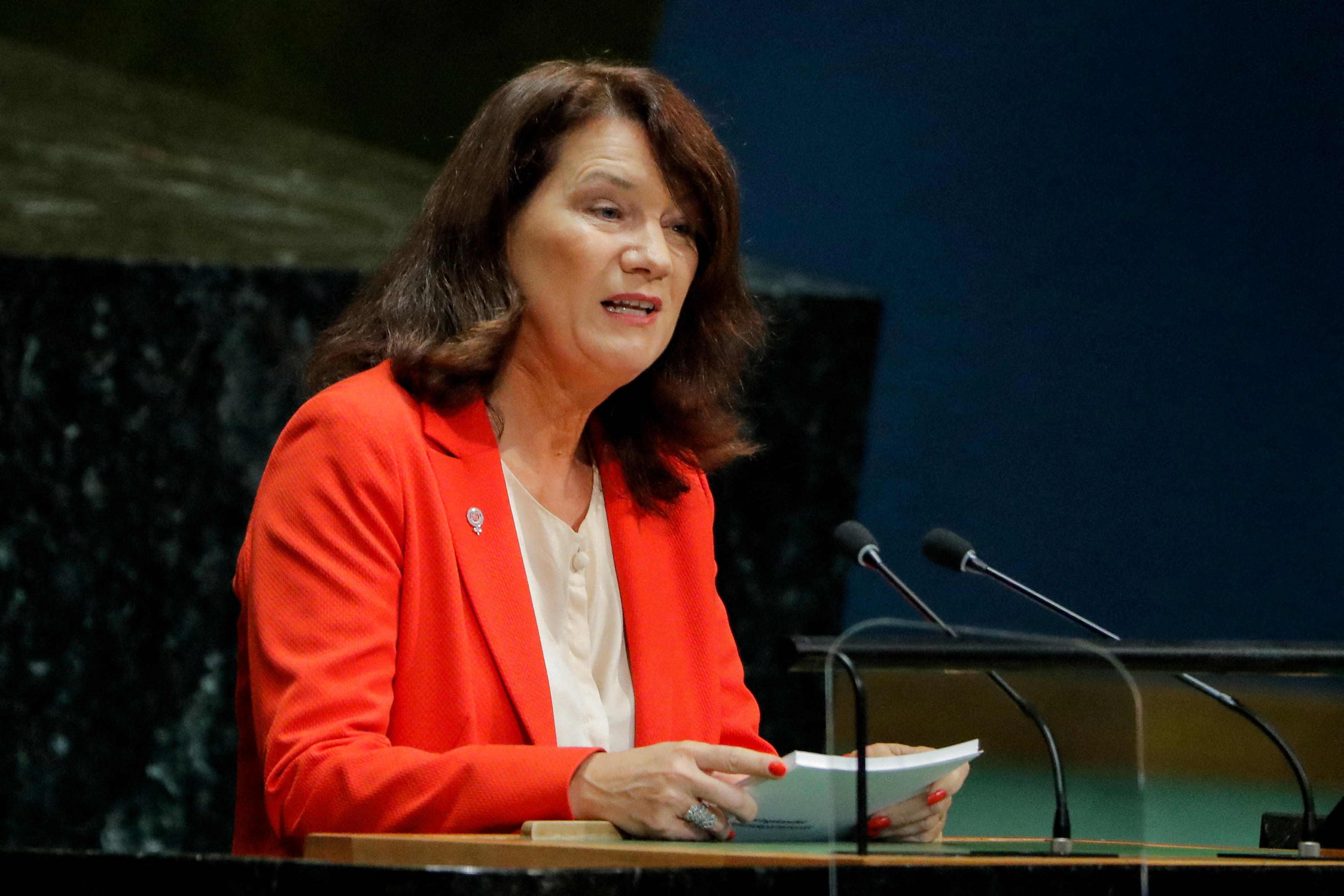   Foreign Minister of Sweden Ann Linde addresses the 74th session of the United Nations General Assembly at U.N. headquarters in New York City, New York, U.S., September 28, 2019.  REUTERS/Brendan McDermid/File Photo