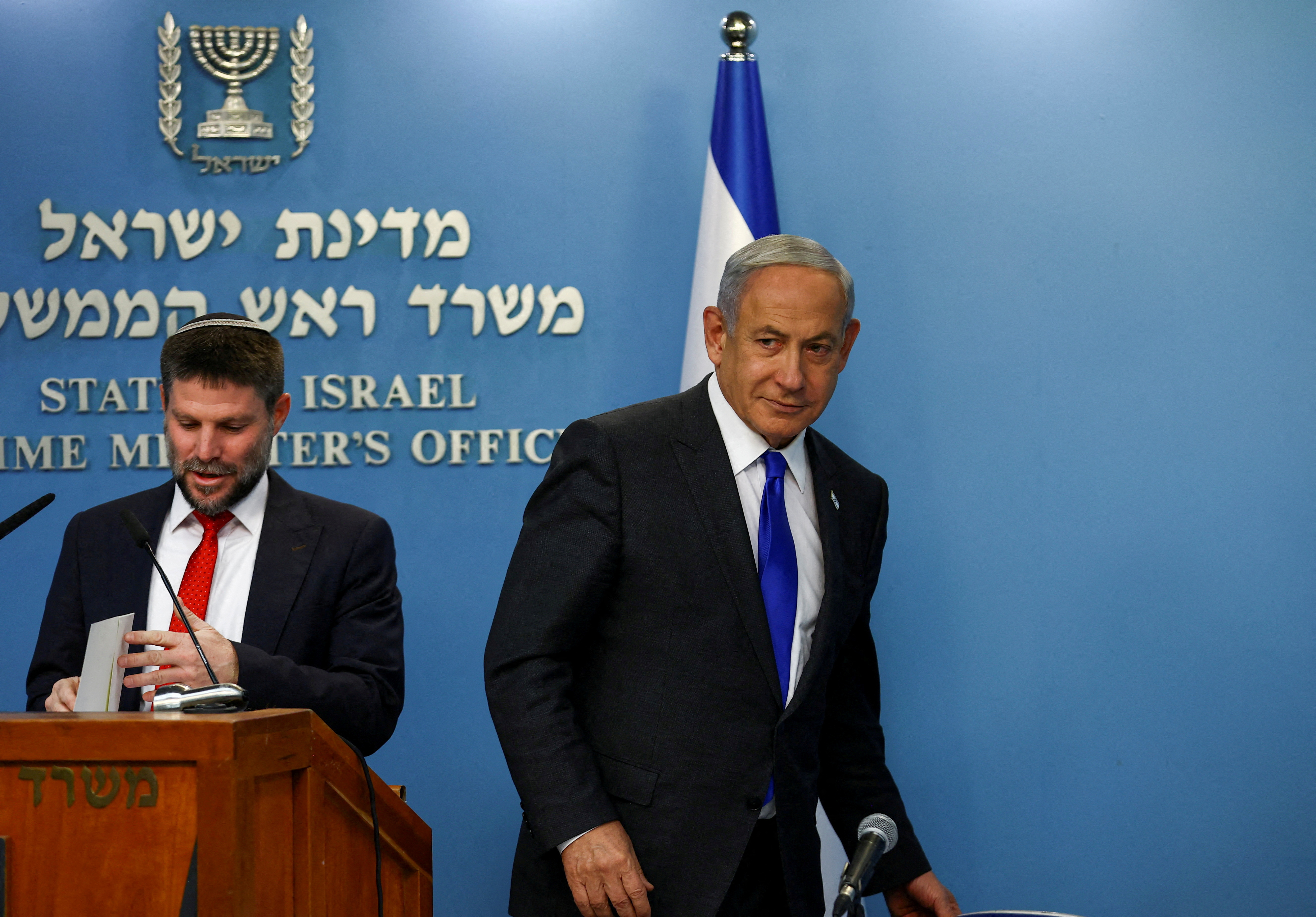 Israeli Prime Minister Benjamin Netanyahu and Finance Minister Bezalel Smotrich hold a news conference, in Jerusalem