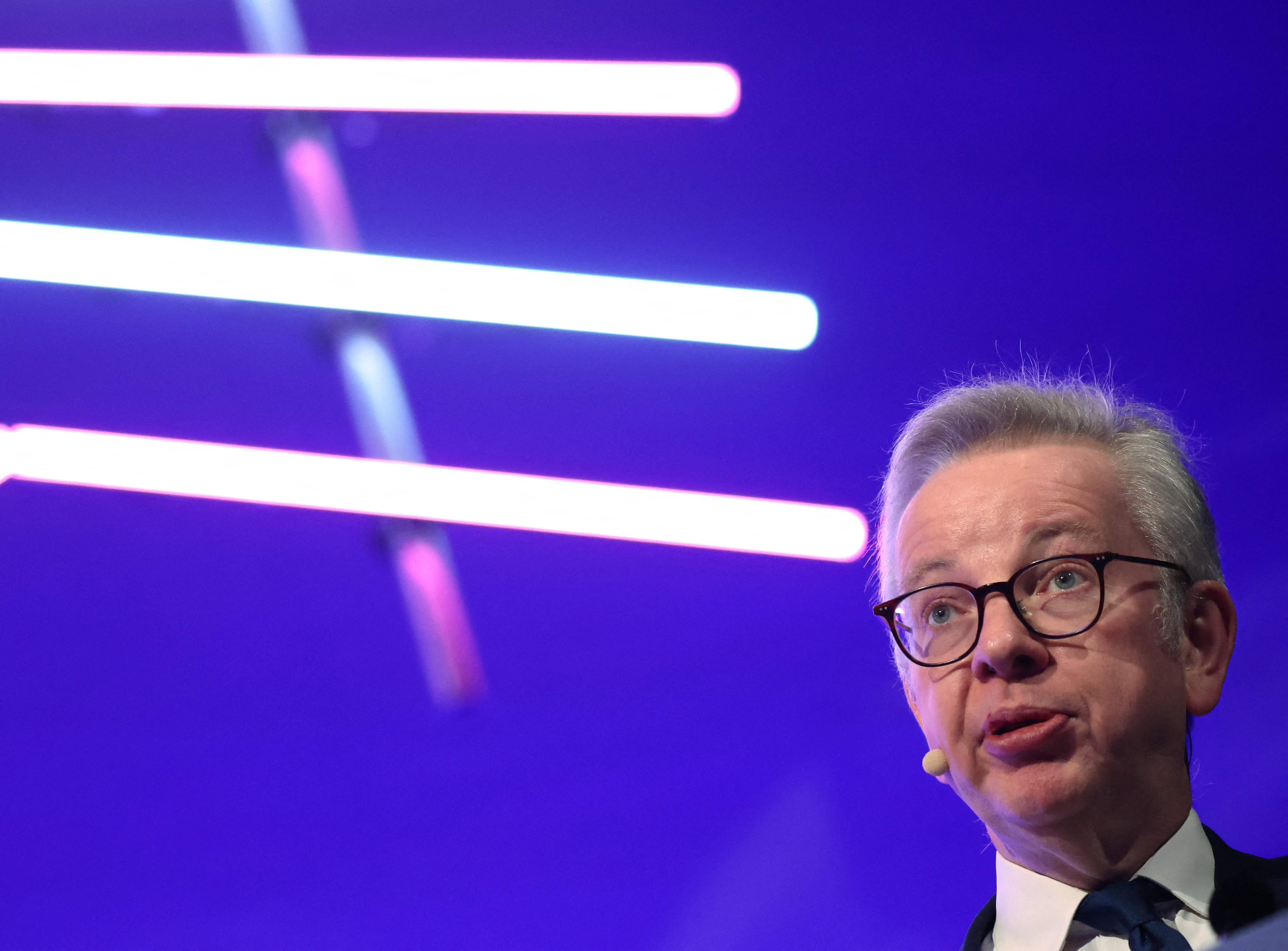 Michael Gove, Britain’s Secretary of State for Levelling Up, Housing and Communities during his speech in Manchester