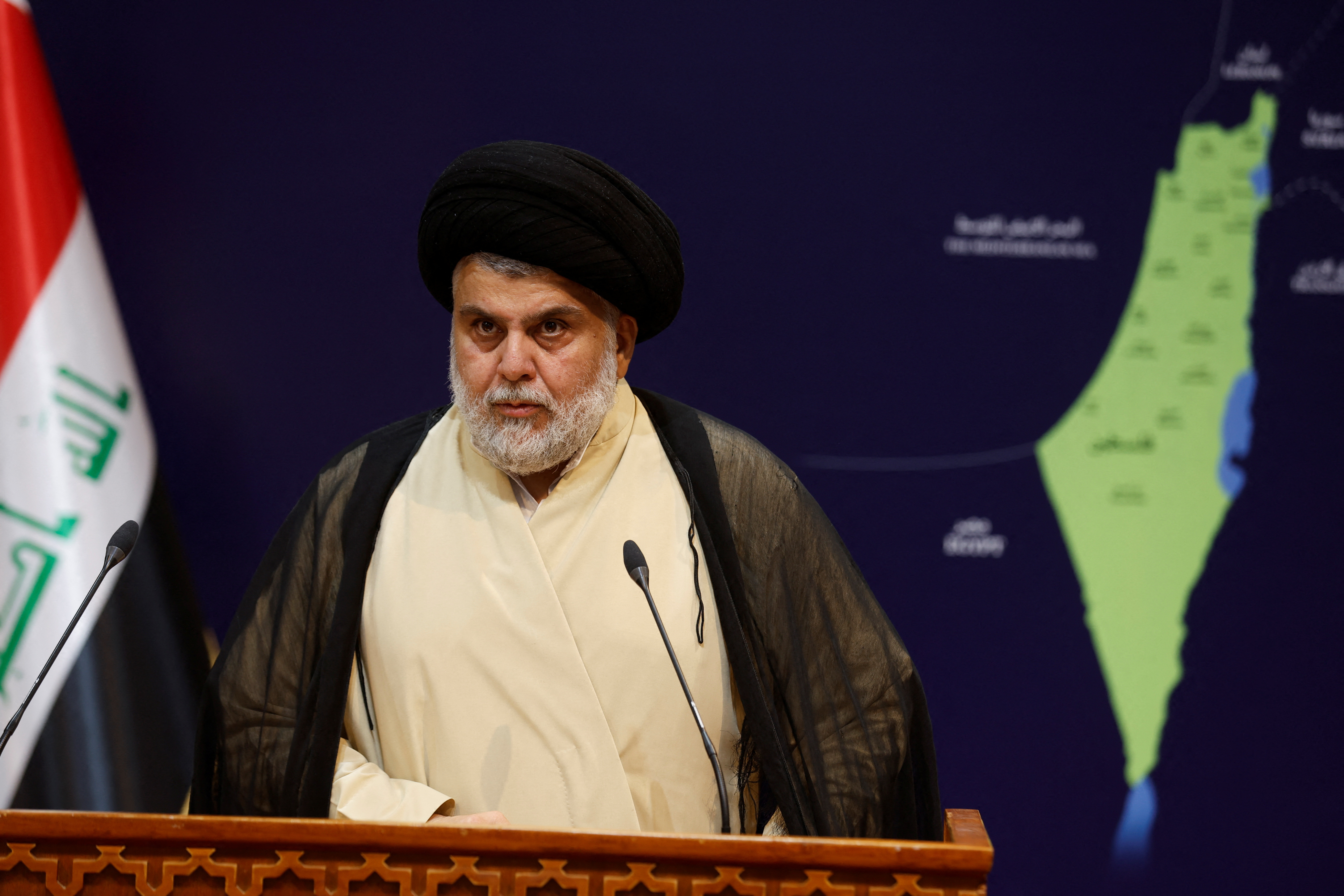 Iraqi Shi'ite leader Muqtada al-Sadr delivers a speech in Najaf