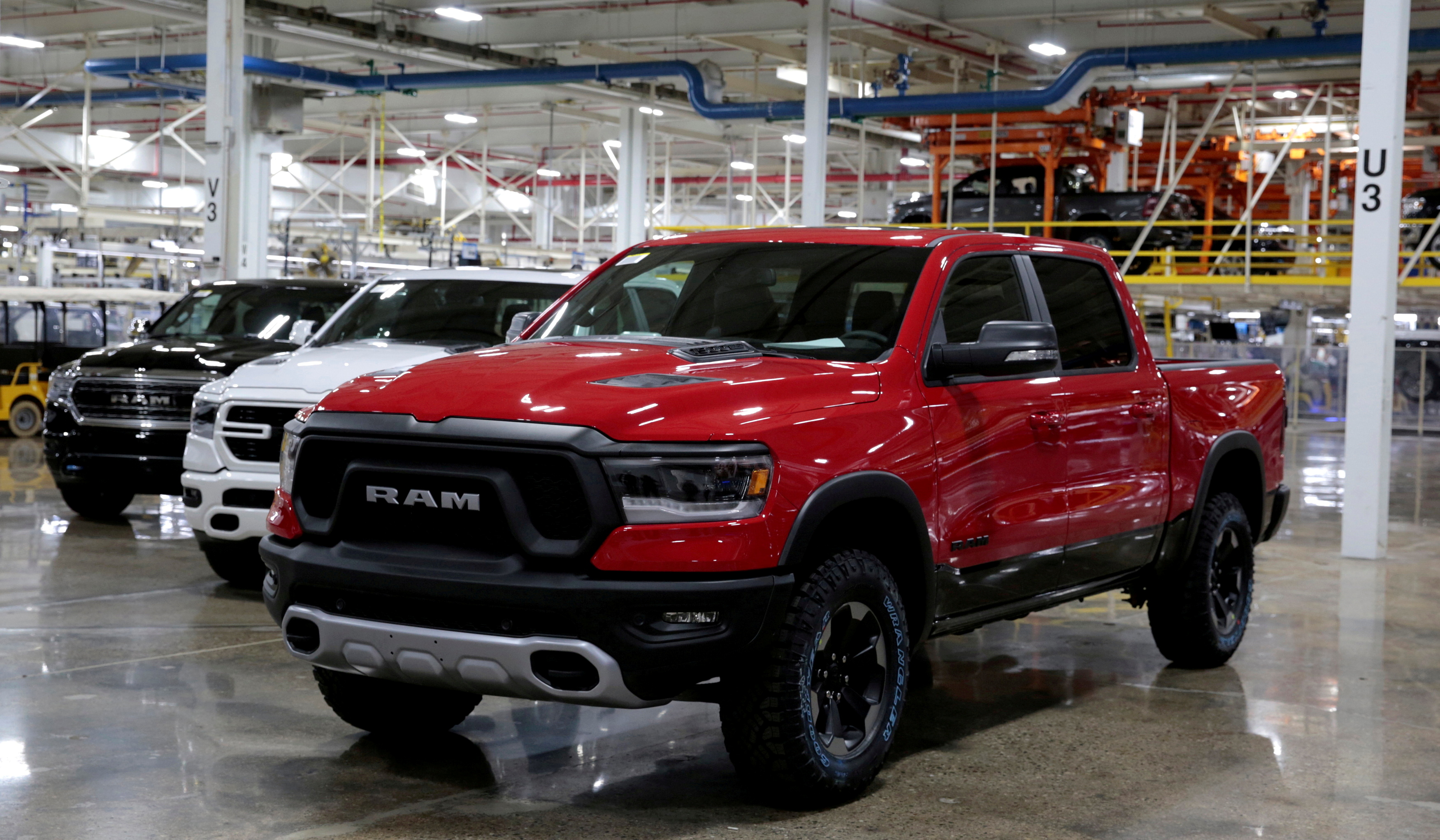 2019 Ram pickup trucks are on display at the Fiat Chrysler Automobiles (FCA) Sterling Heights Assembly Plant in Sterling Heights, Michigan, U.S., October 22, 2018. The former Fiat Chrysler is now Stellantis. REUTERS/Rebecca Cook