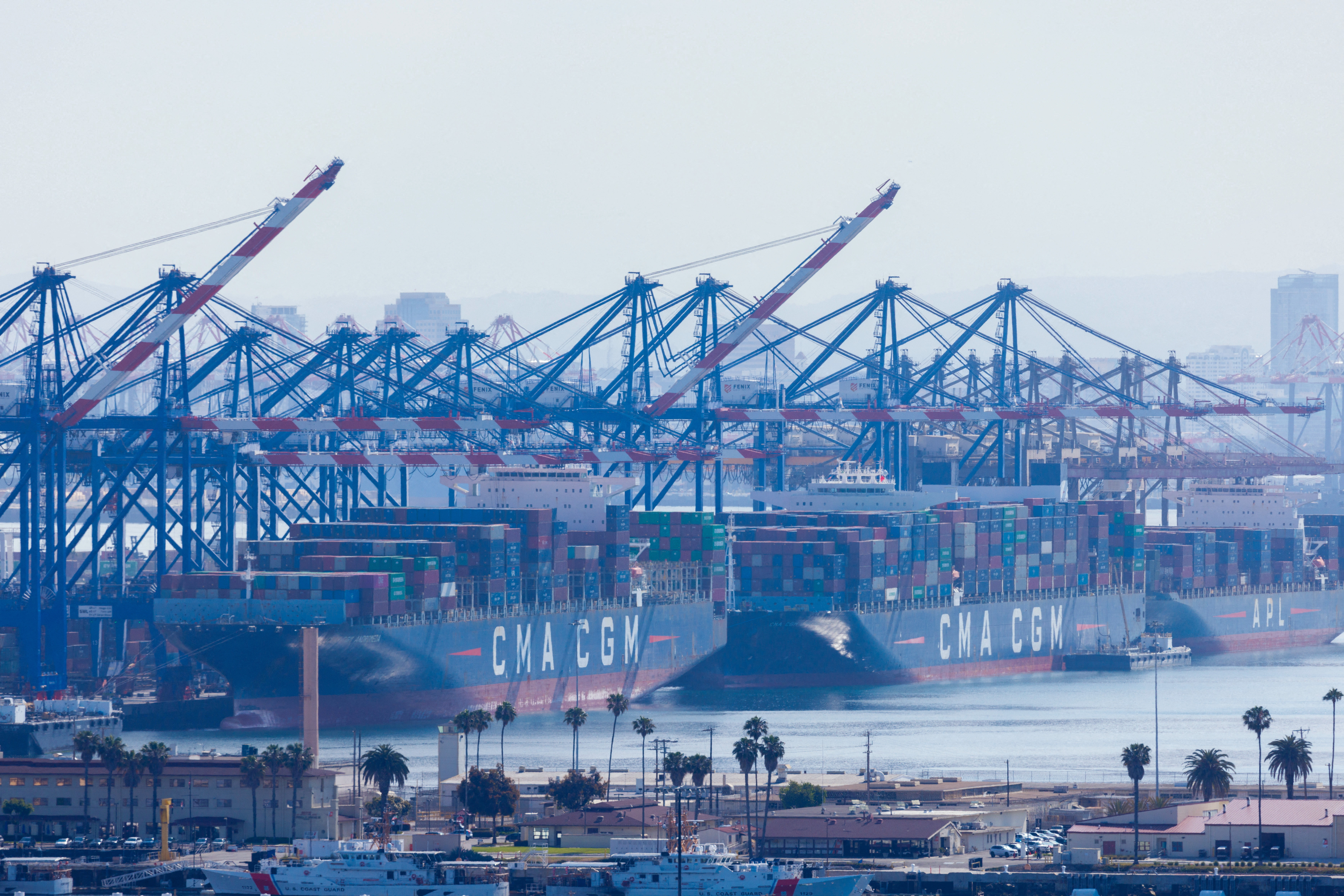Containships are shown at the Port of Los Angeles