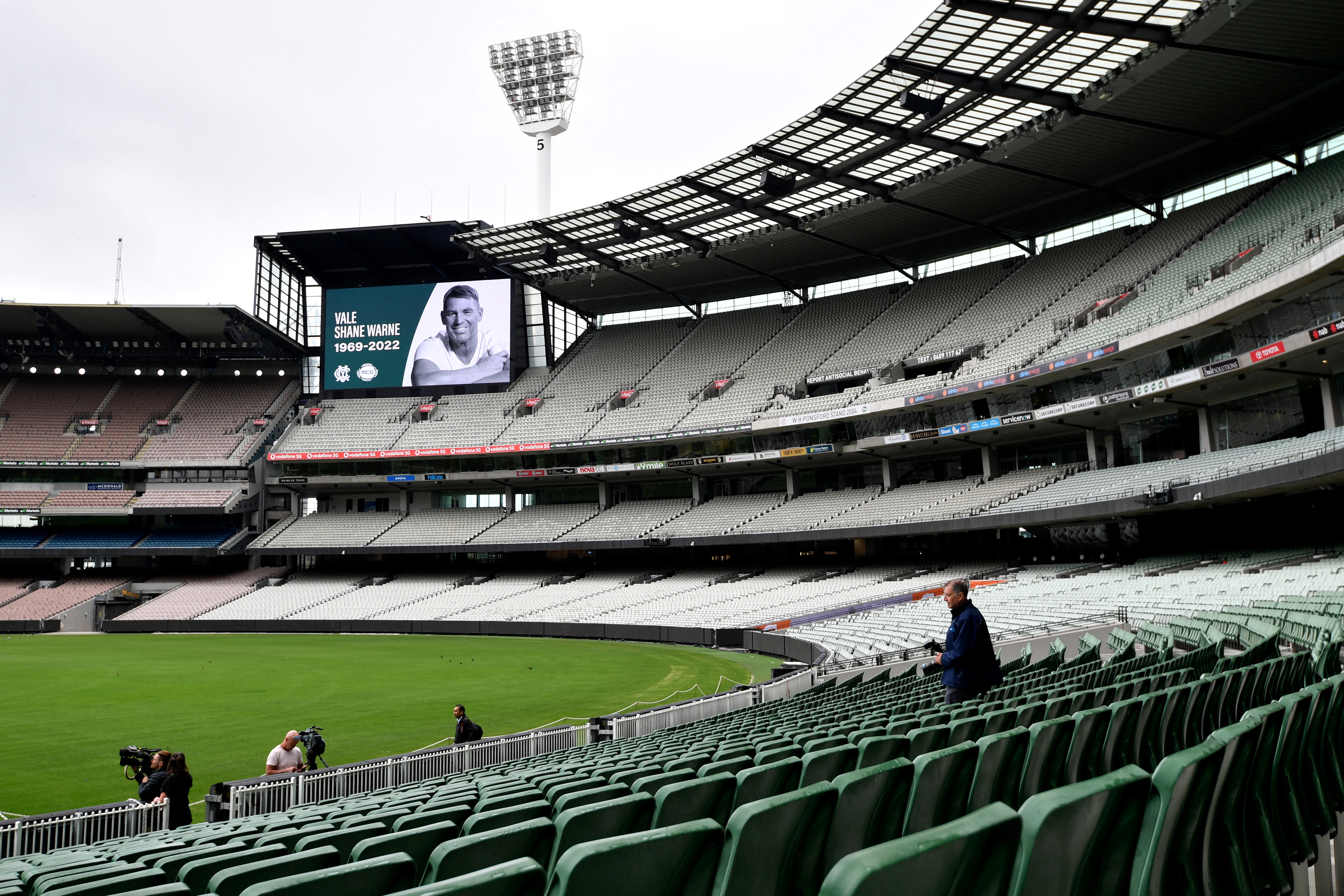 A tribute to Australian cricketer Shane Warne is seen on the southern stand of the Melbourne Cricket Ground in Melbourne