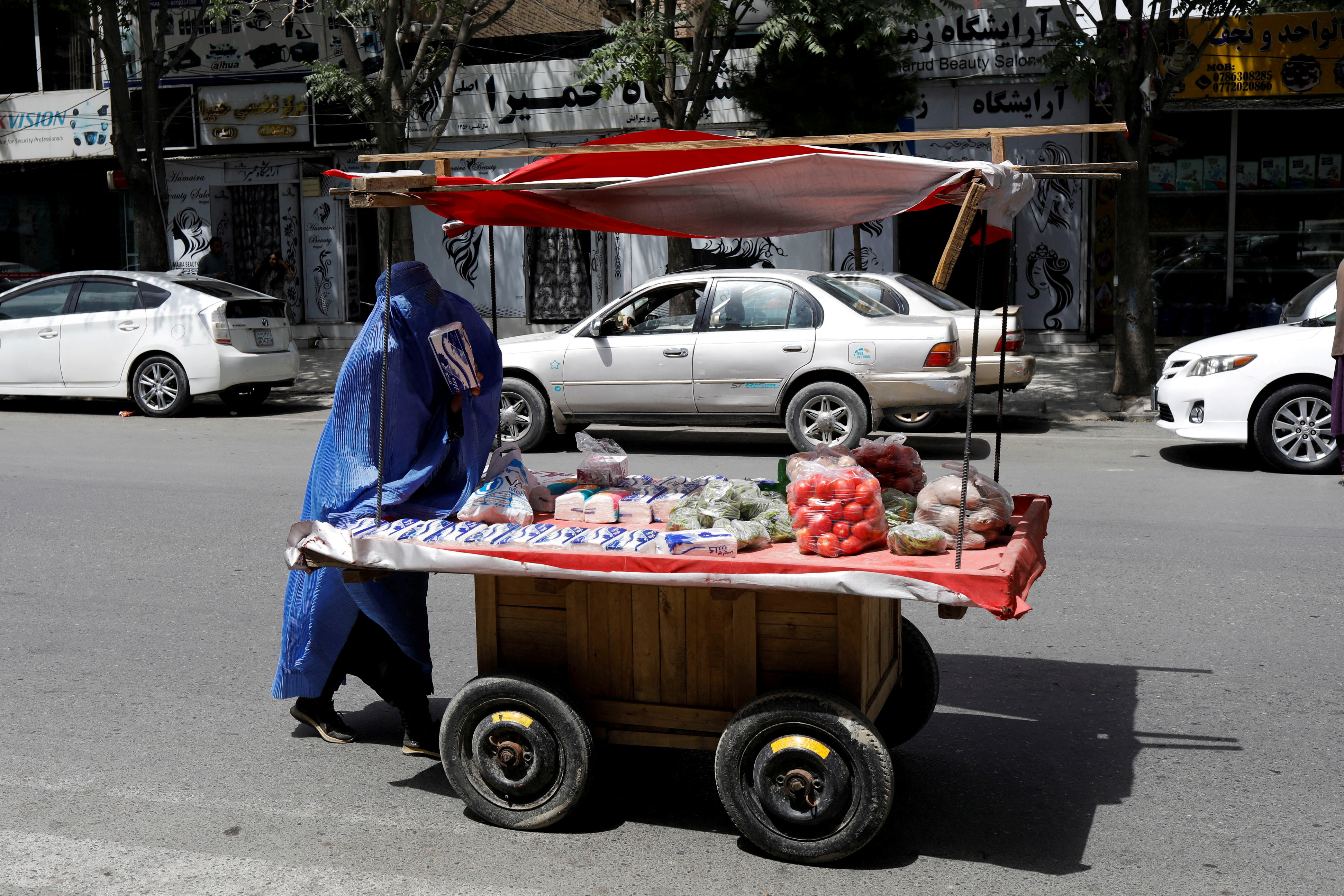 An Afghan woman pushes her cart in Kabul