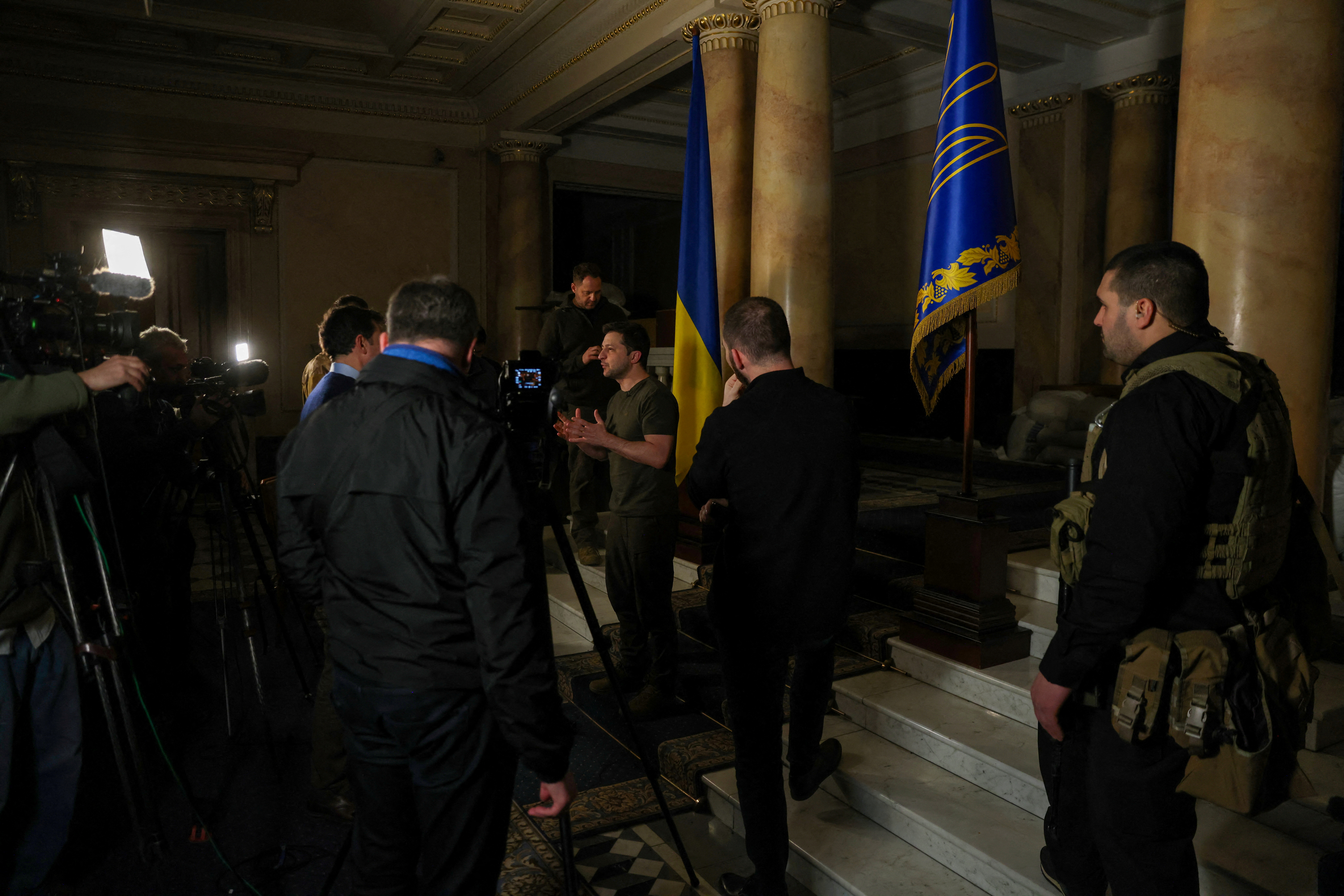 FILE PHOTO: Ukrainian President Volodymyr Zelenskiy talks during an interview with Reuters in Kyiv