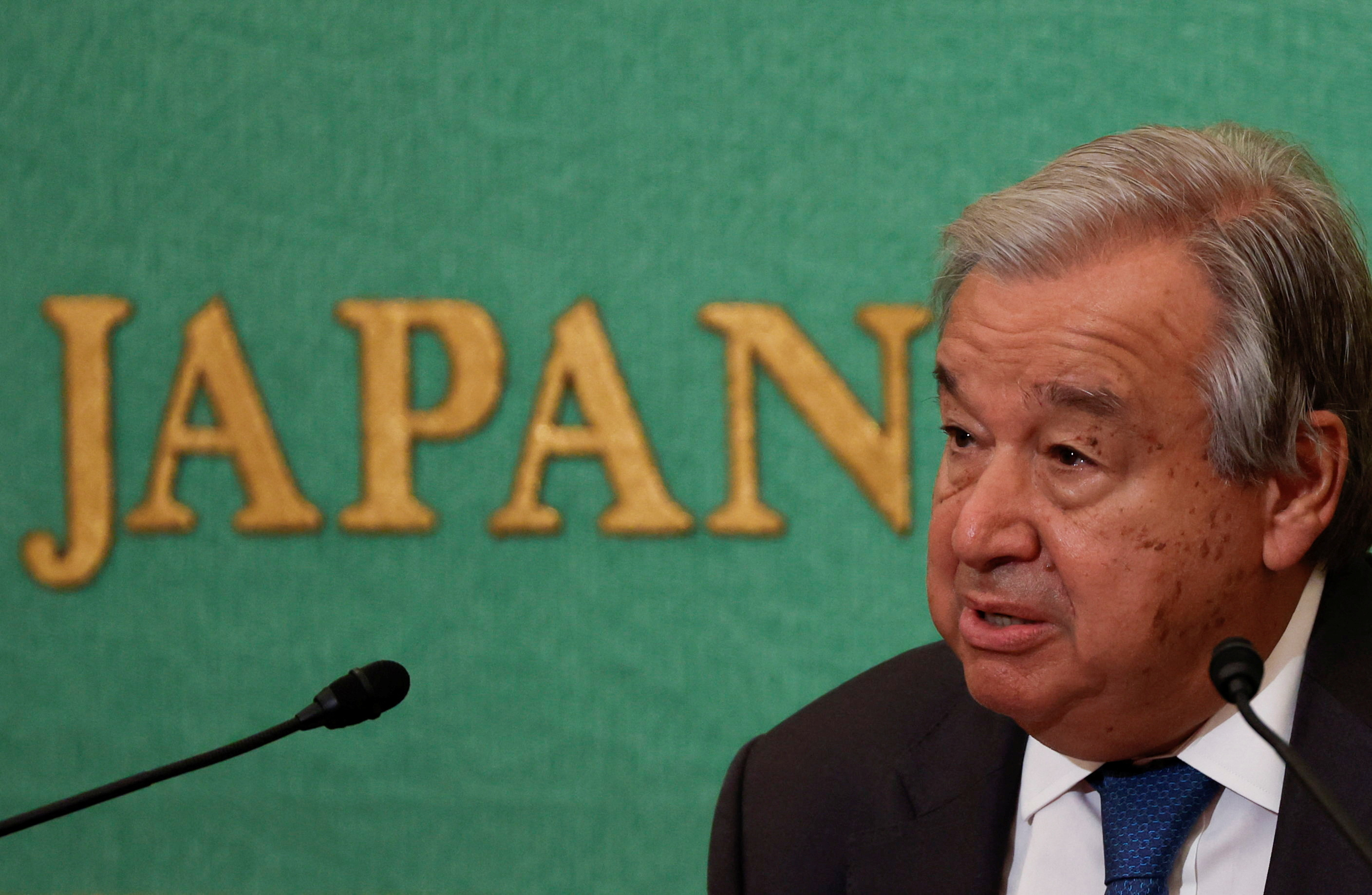 U.N. Secretary General Antonio Guterres attends a news conference in Tokyo