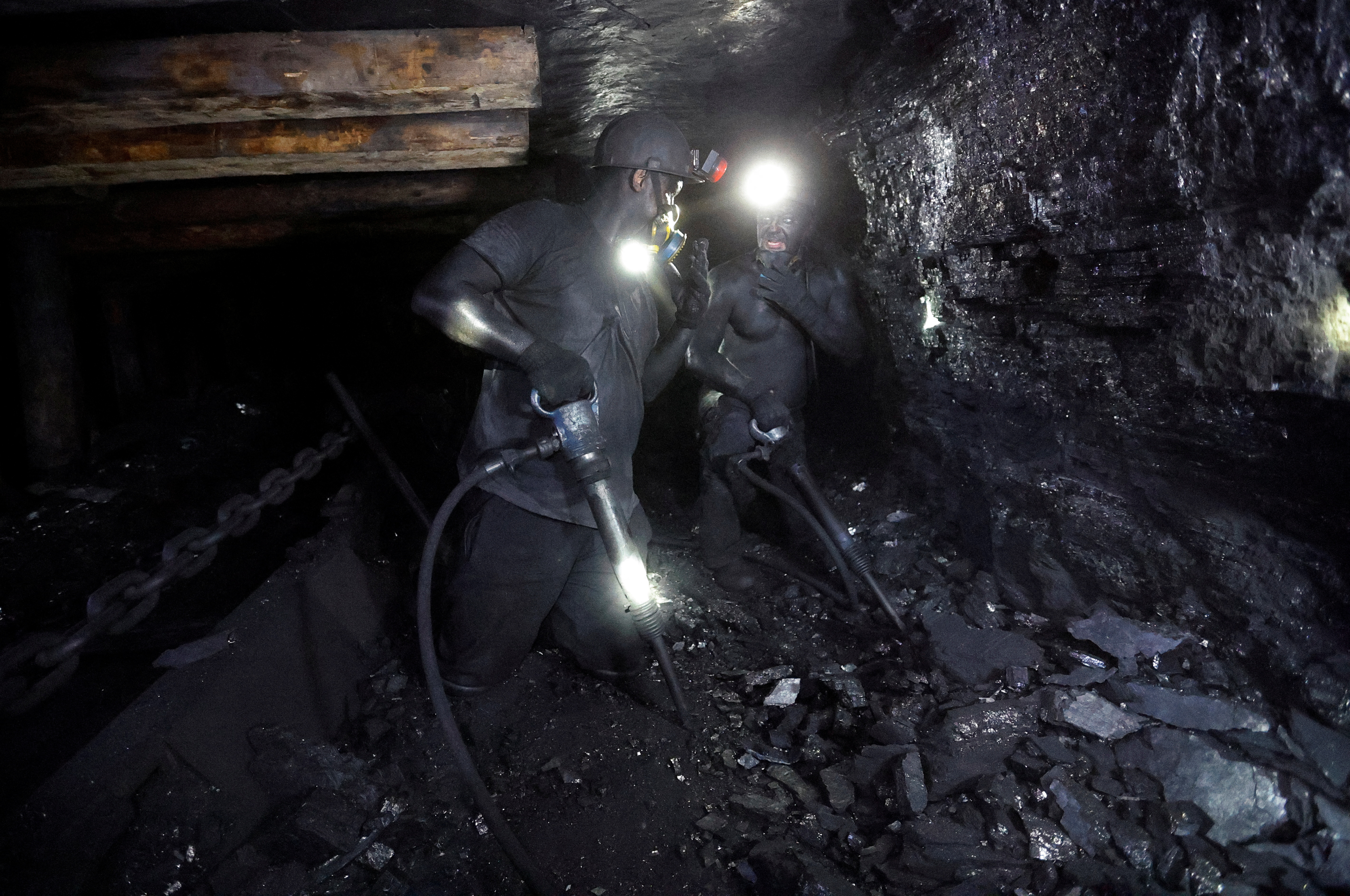 Miners work at a coal mine in Chystiakove