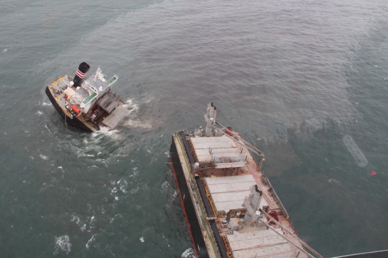 A view of the Panamanian-registered ship 'Crimson Polaris' after it ran aground in Hachinohe harbour in Hachinohe, northern Japan, August 12, 2021, in this handout photo taken and released by 2nd Regional Coast Guard Headquarters. Courtesy 2nd Regional Coast Guard Headquarters - Japan Coast Guard/Handout via REUTERS ATTENTION EDITORS - THIS PICTURE WAS PROVIDED BY A THIRD PARTY. MANDATORY CREDIT.