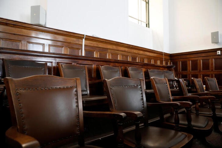 An empty jury box is seen at the New York State Civil Supreme Court in Manhattan, New York City