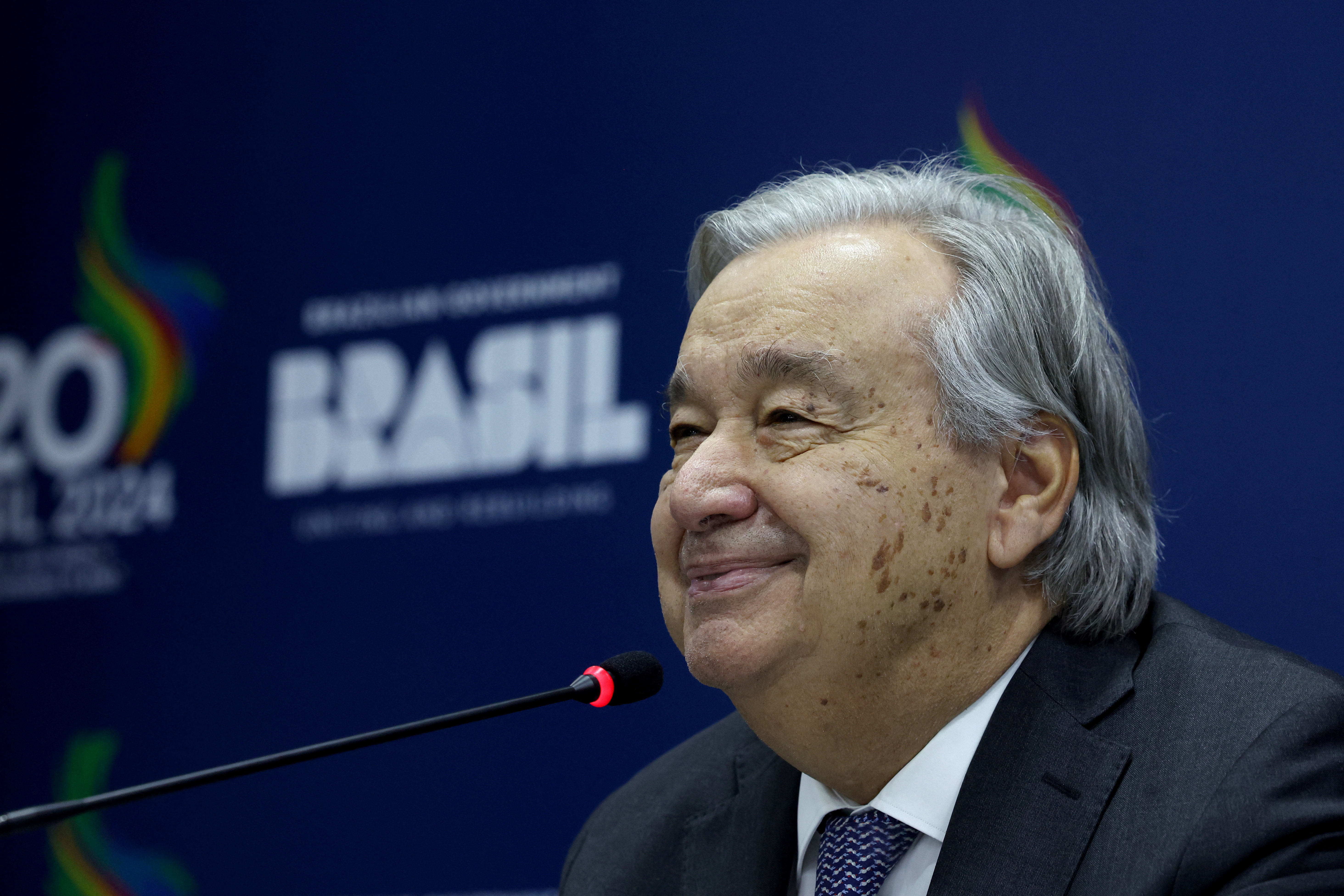 UN Secretary General Antonio Guterres attends a press conference in Rio de Janeiro