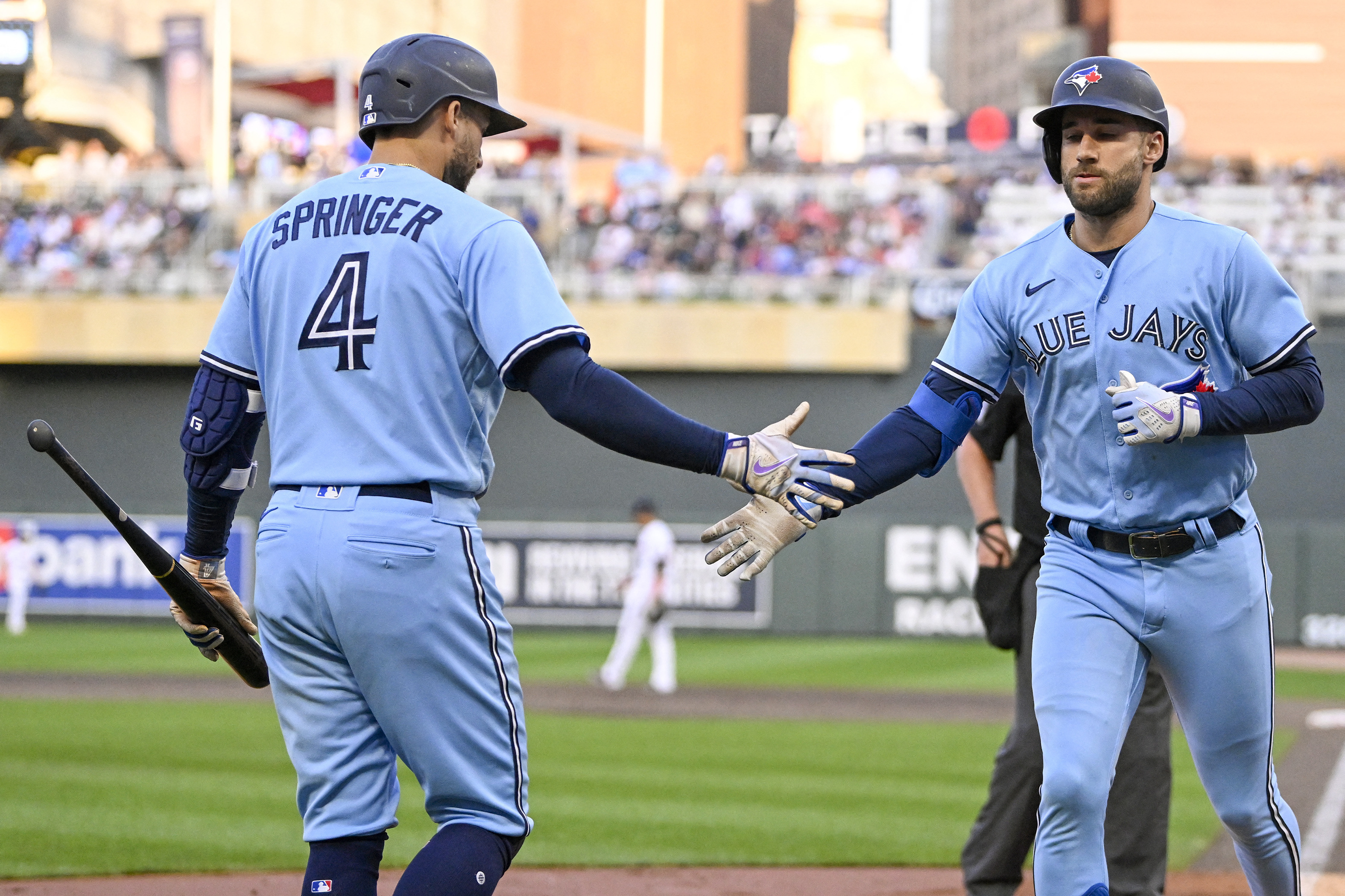 George Springer, right, and Kevin Kiermaier of the Toronto Blue