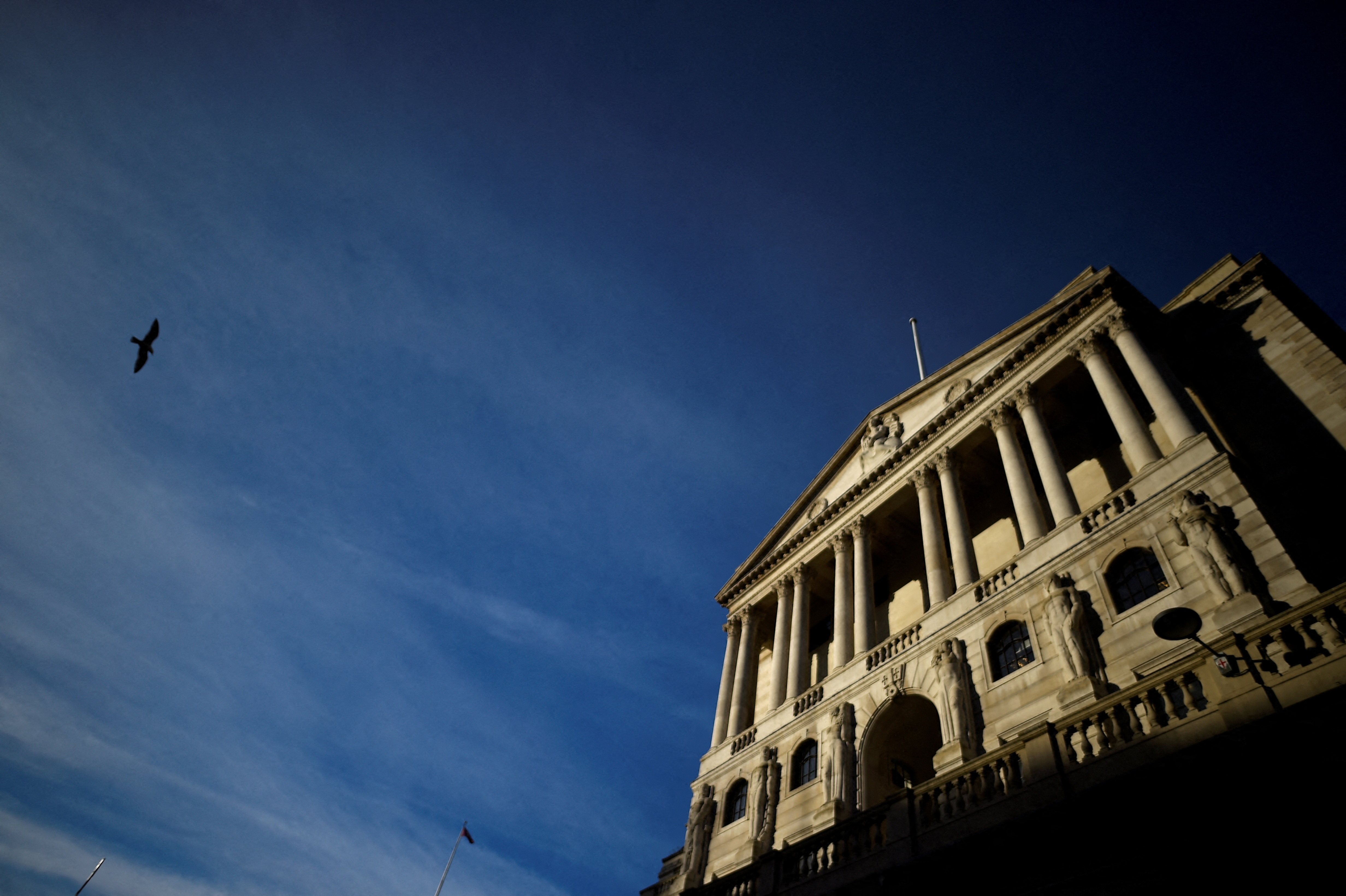 FILE PHOTO: A bird flies past The Bank of England in the City of London