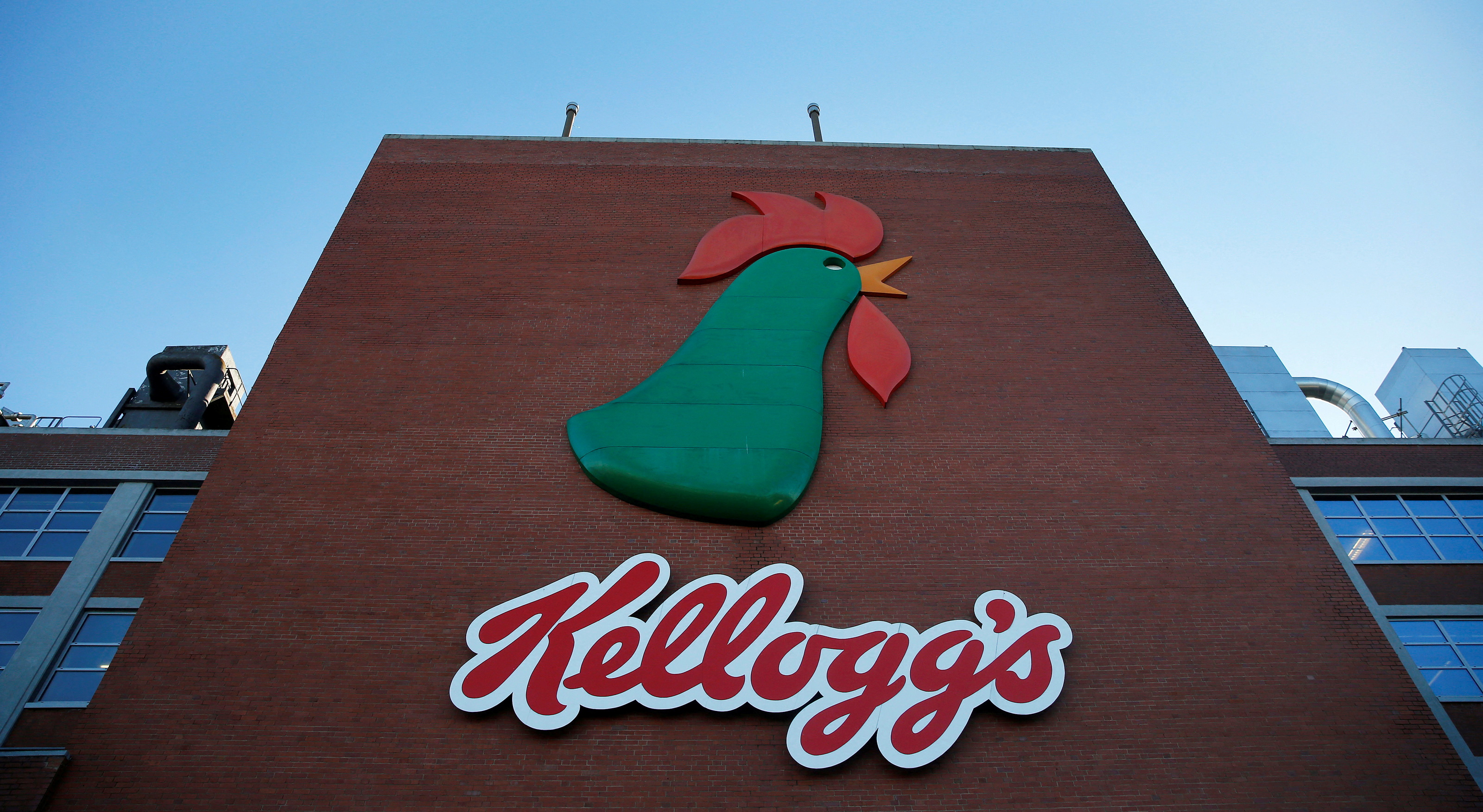 A sign hangs outside the Kellogg's factory near Manchester