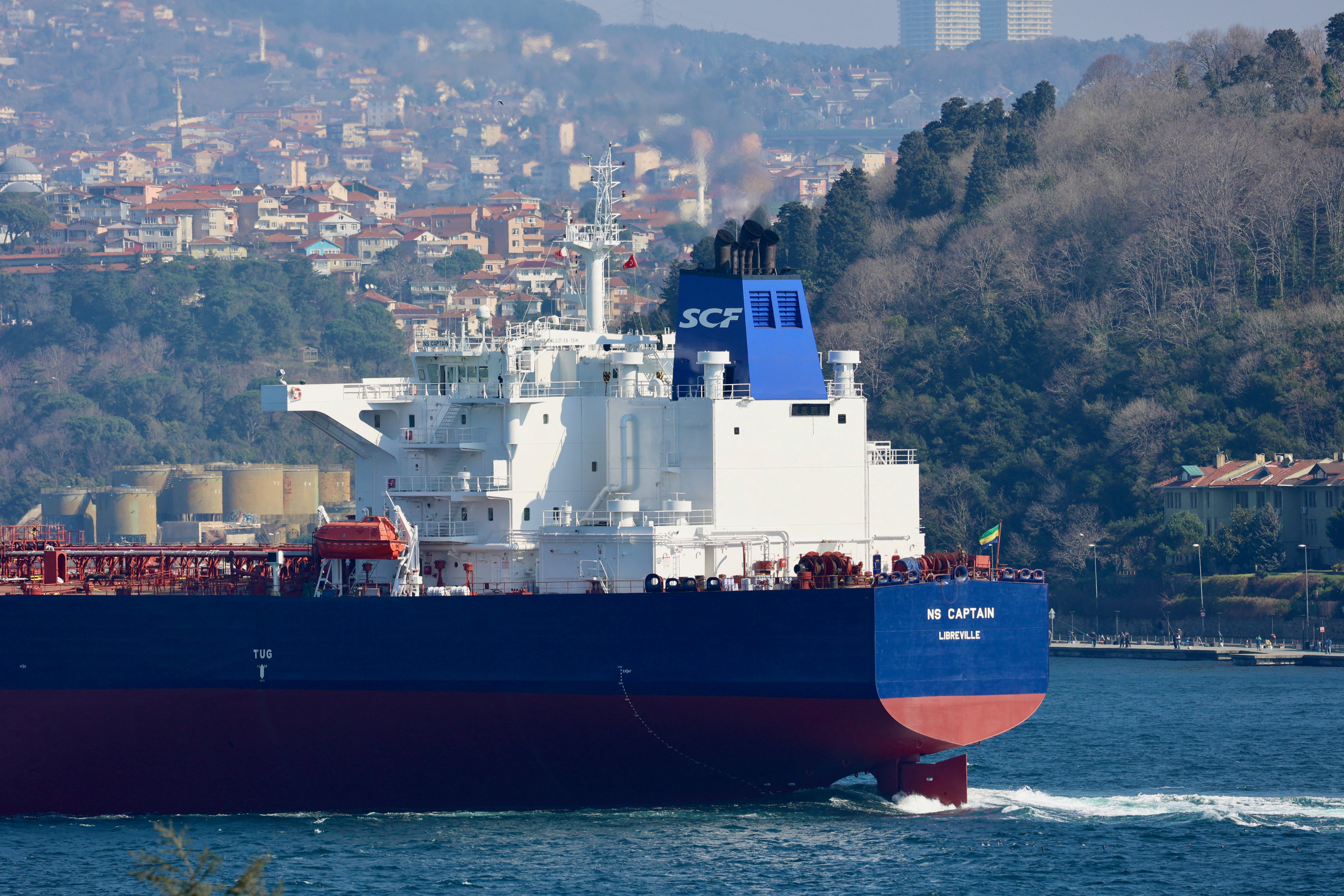 Gabon-flagged crude oil tanker NS Captain, owned by Russia's leading tanker group Sovcomflot, transits the Bosphorus