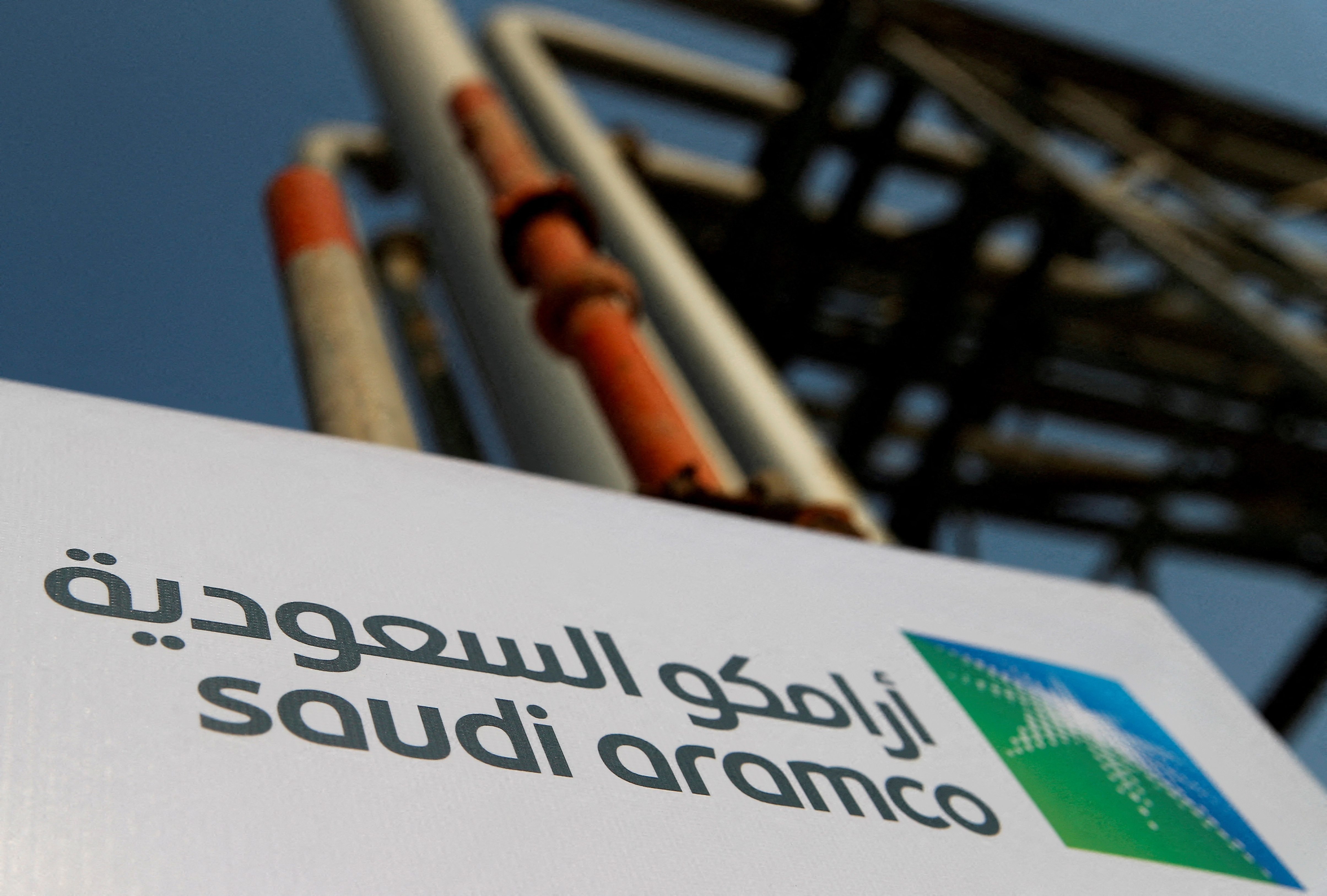 A Saudi Aramco sign is pictured at an oil facility in Abqaiq