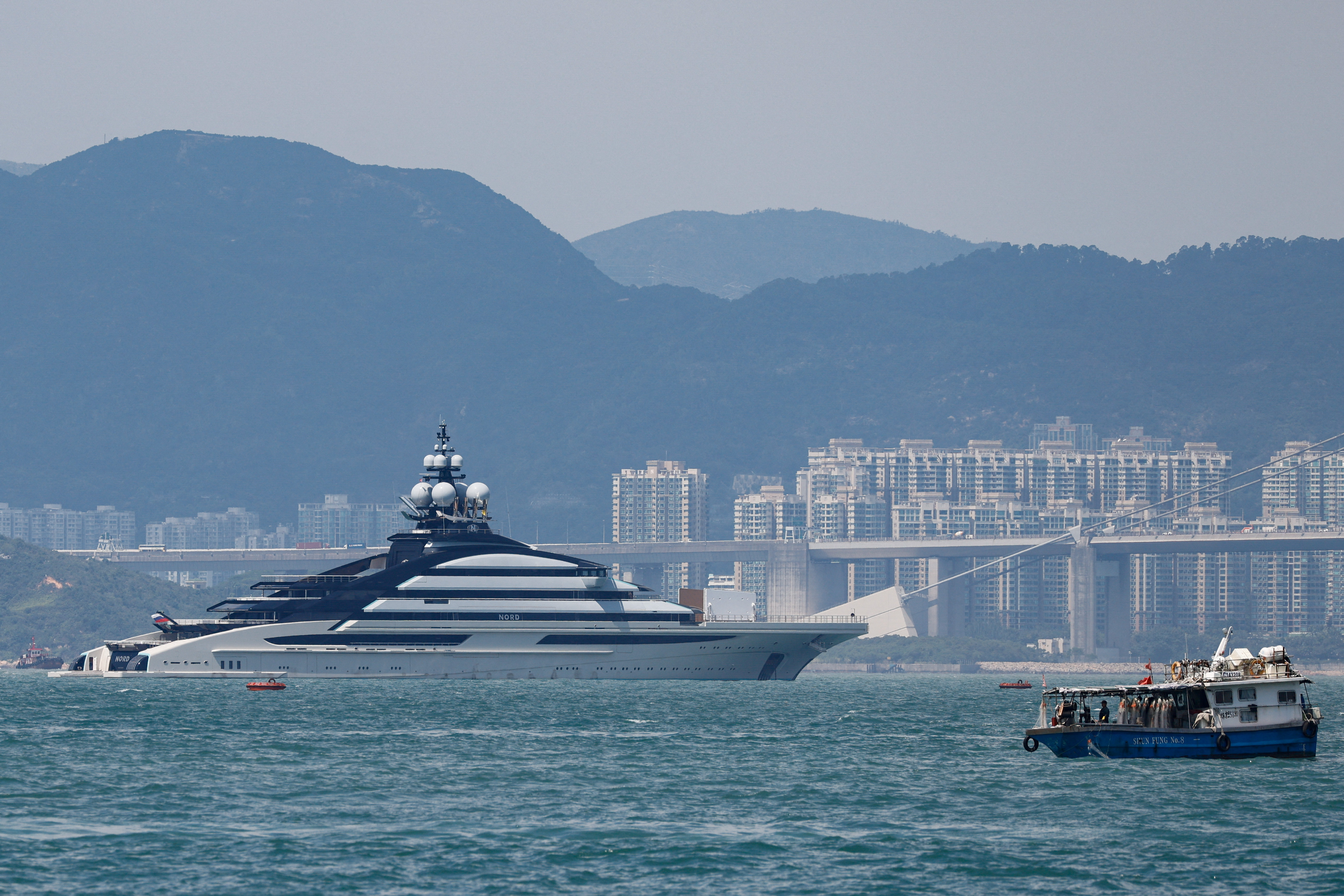 The 465-foot superyacht "Nord", reportedly owned by the sanctioned Russian oligarch Alexei Mordashov is seen, in Hong Kong