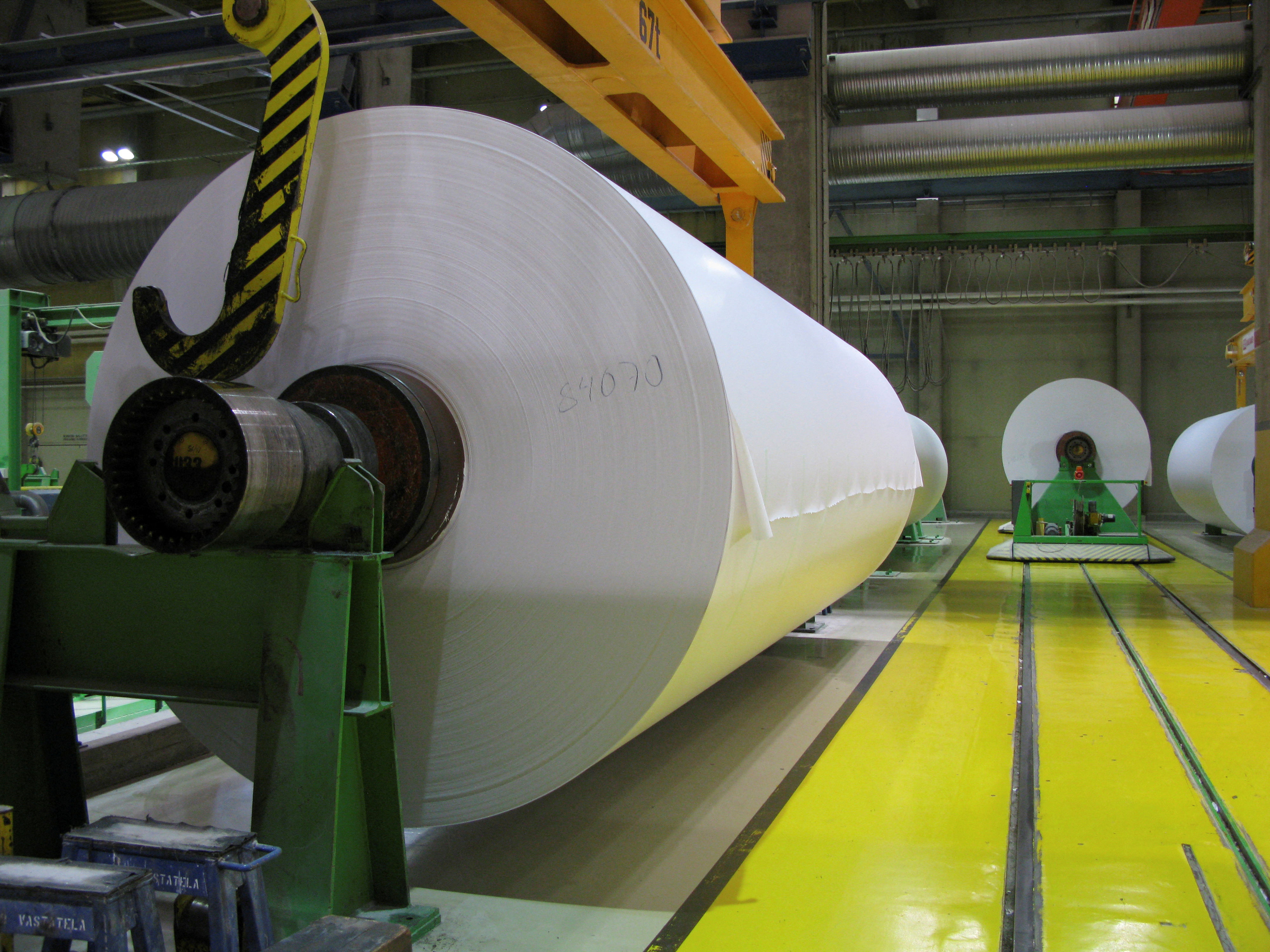 Magazine paper rolls are seen at UPM-Kymmene’s paper mill in Kaukas, Lappeenranta, Finland