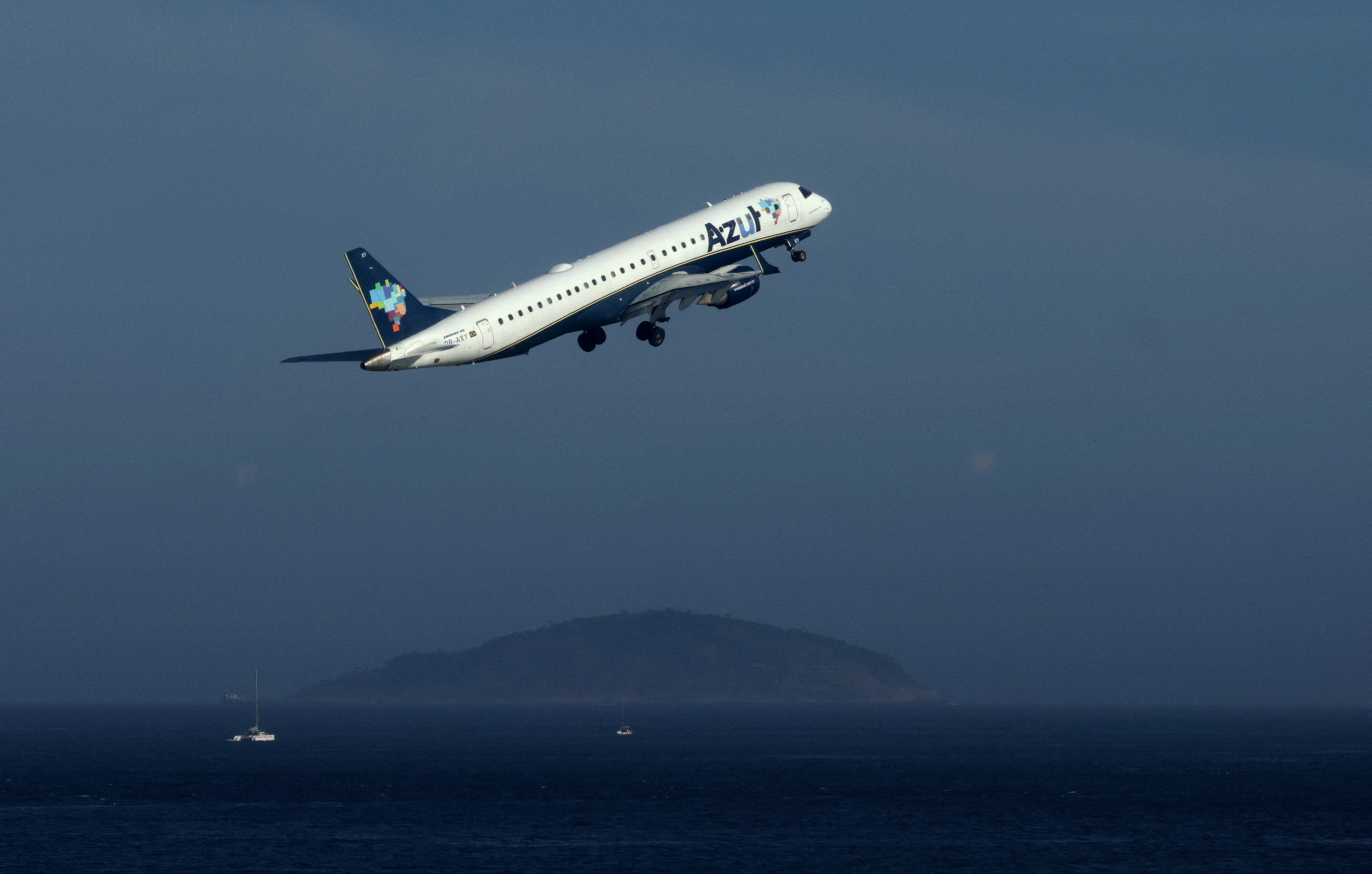 Azul Airlines aircraft departing Santos Dumont Airport in Rio de Janeiro, Brazil