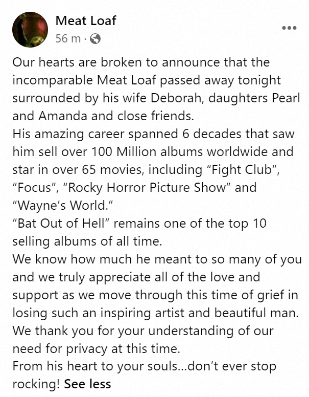 'Bat Out of Hell' singer Meat Loaf dies aged 74 Reuters