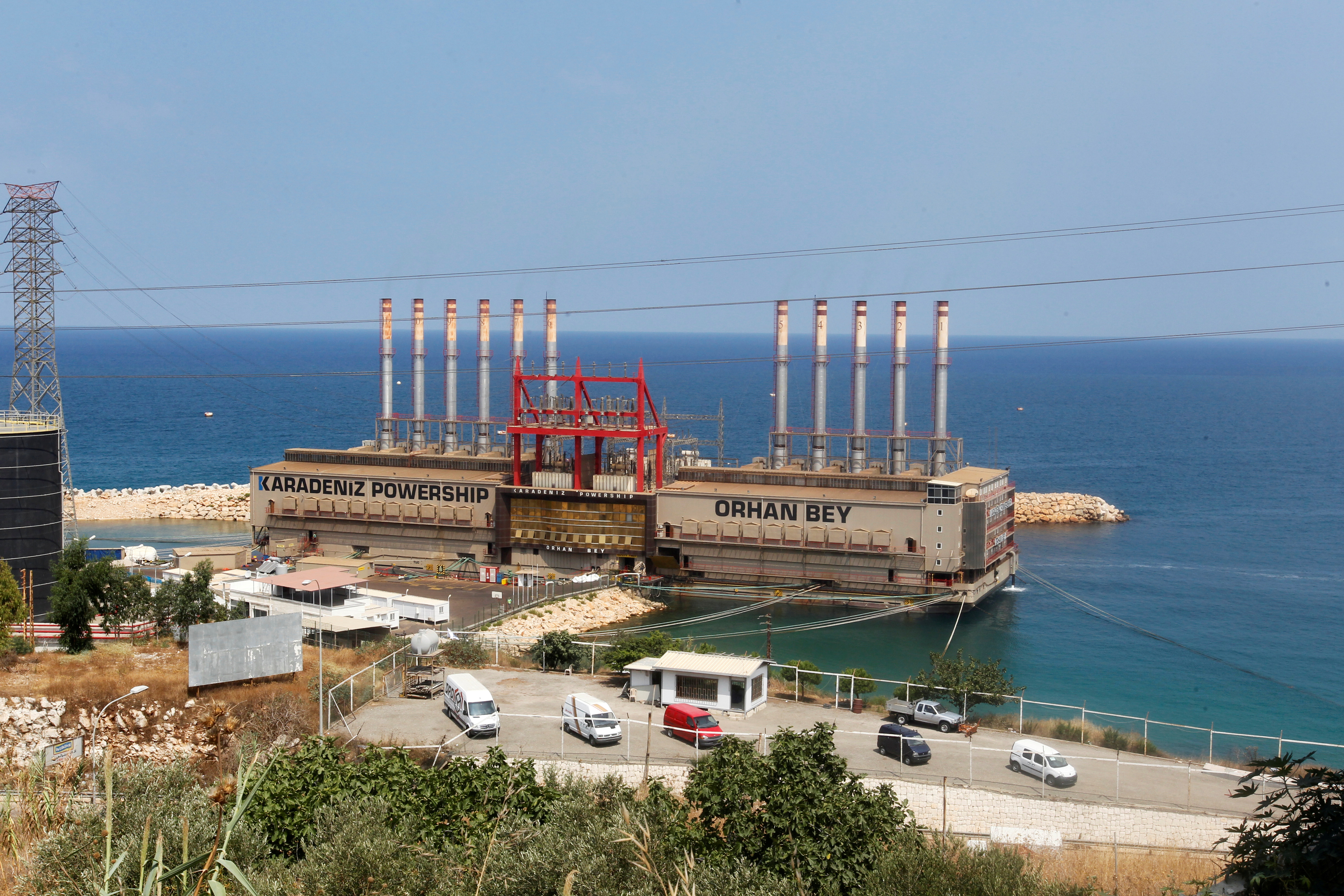 Karadeniz Powership Orhan Bey, an electricity-generating ship from Turkey, docked at the port of Jiyeh, south of Beirut