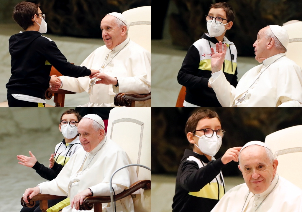 A combination picture shows a boy trying to take Pope Francis' white papal skullcap as he greets him during the weekly general audience at the Vatican, October 20, 2021. REUTERS/Remo Casilli