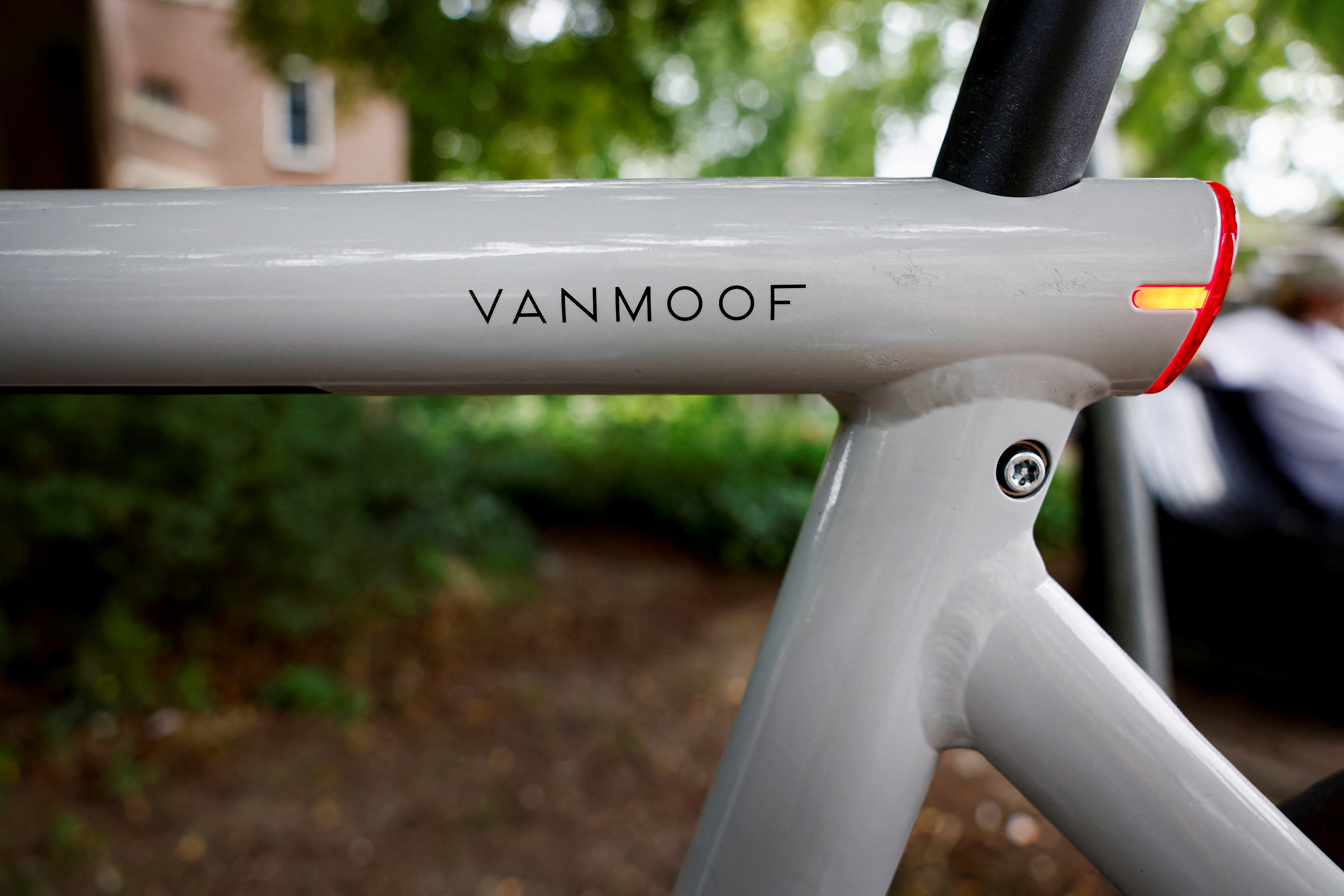Logo of e-bike maker VanMoof is seen on a bicycle in Amsterdam