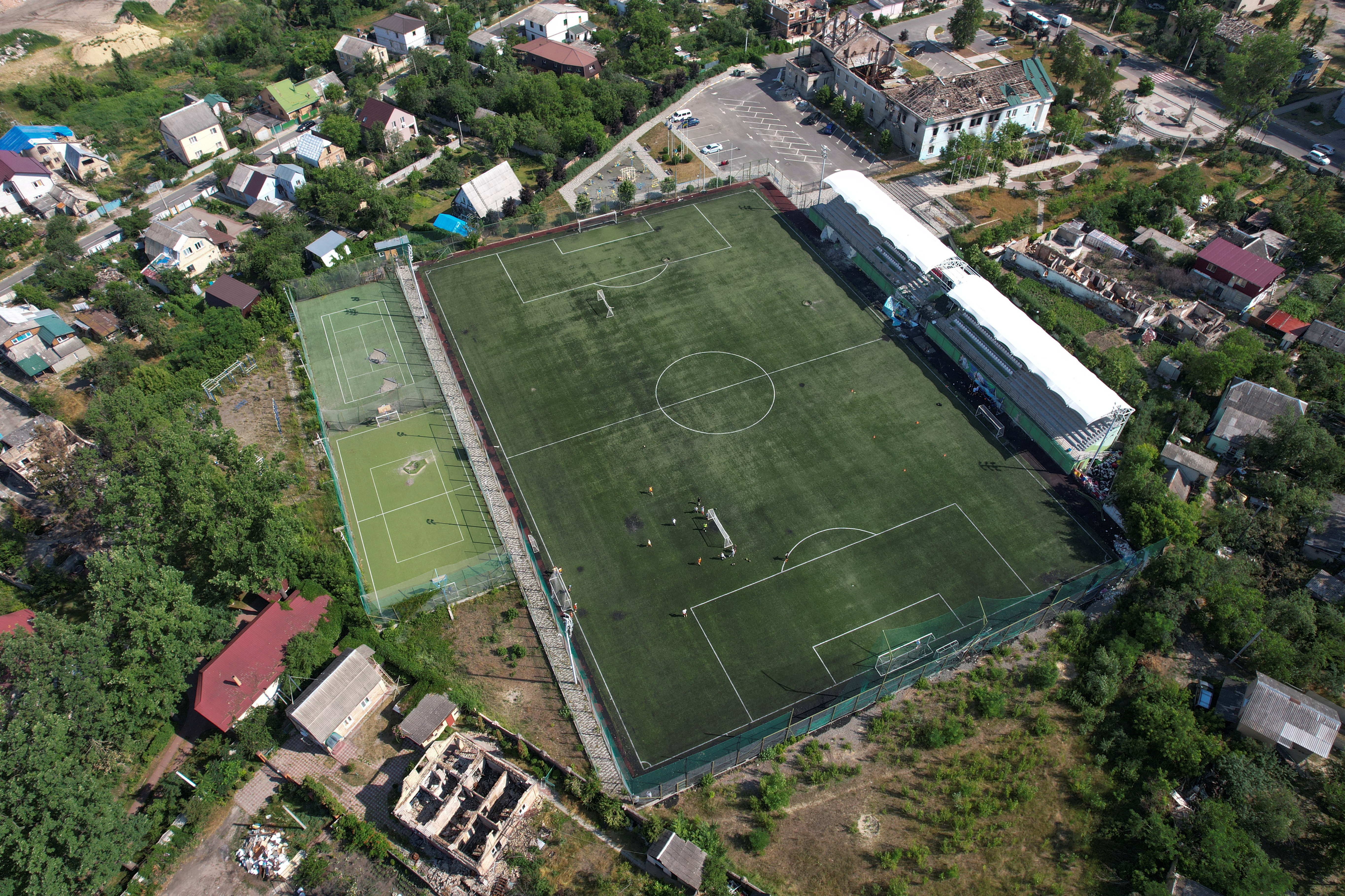 An aerial view shows the Central stadium in the town of Irpin