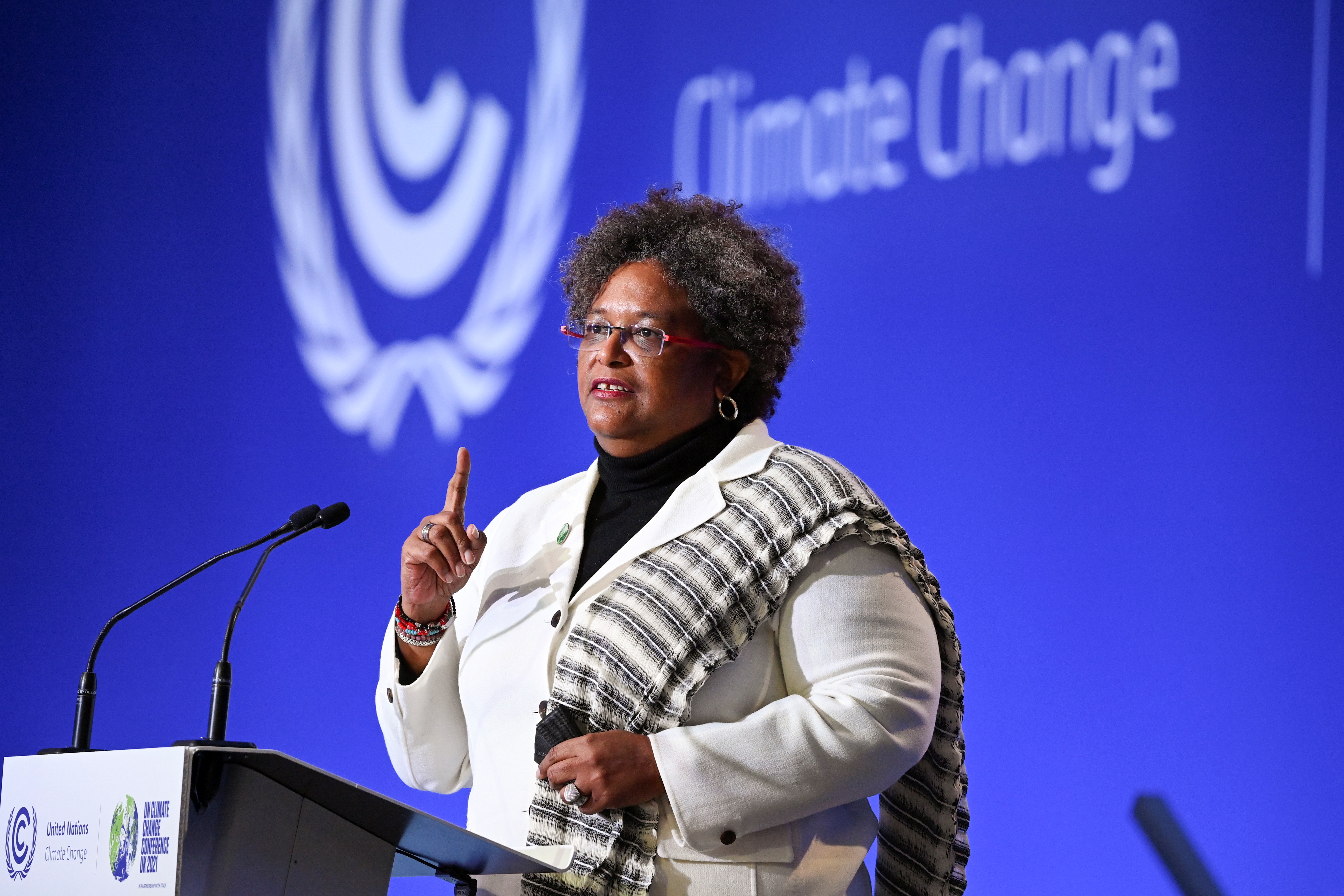 Barbados Prime Minister Mia Amor Mottley speaks during the opening ceremony of the UN Climate Change Conference (COP26) in Glasgow, Scotland, Britain November 1, 2021. Jeff J Mitchell/Pool via REUTERS