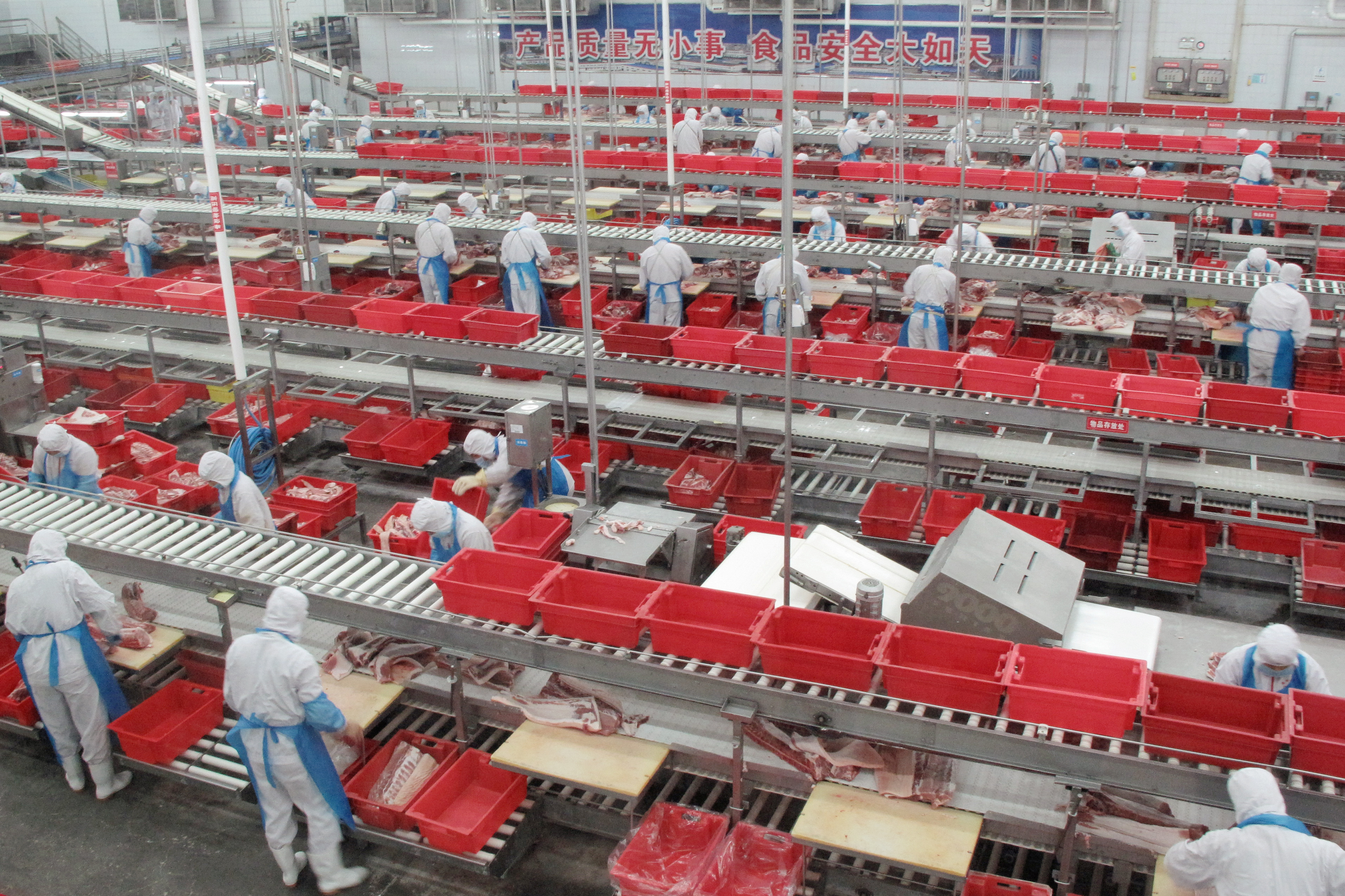 Workers sort cuts of fresh pork in a processing plant of pork producer WH Group in Zhengzhou
