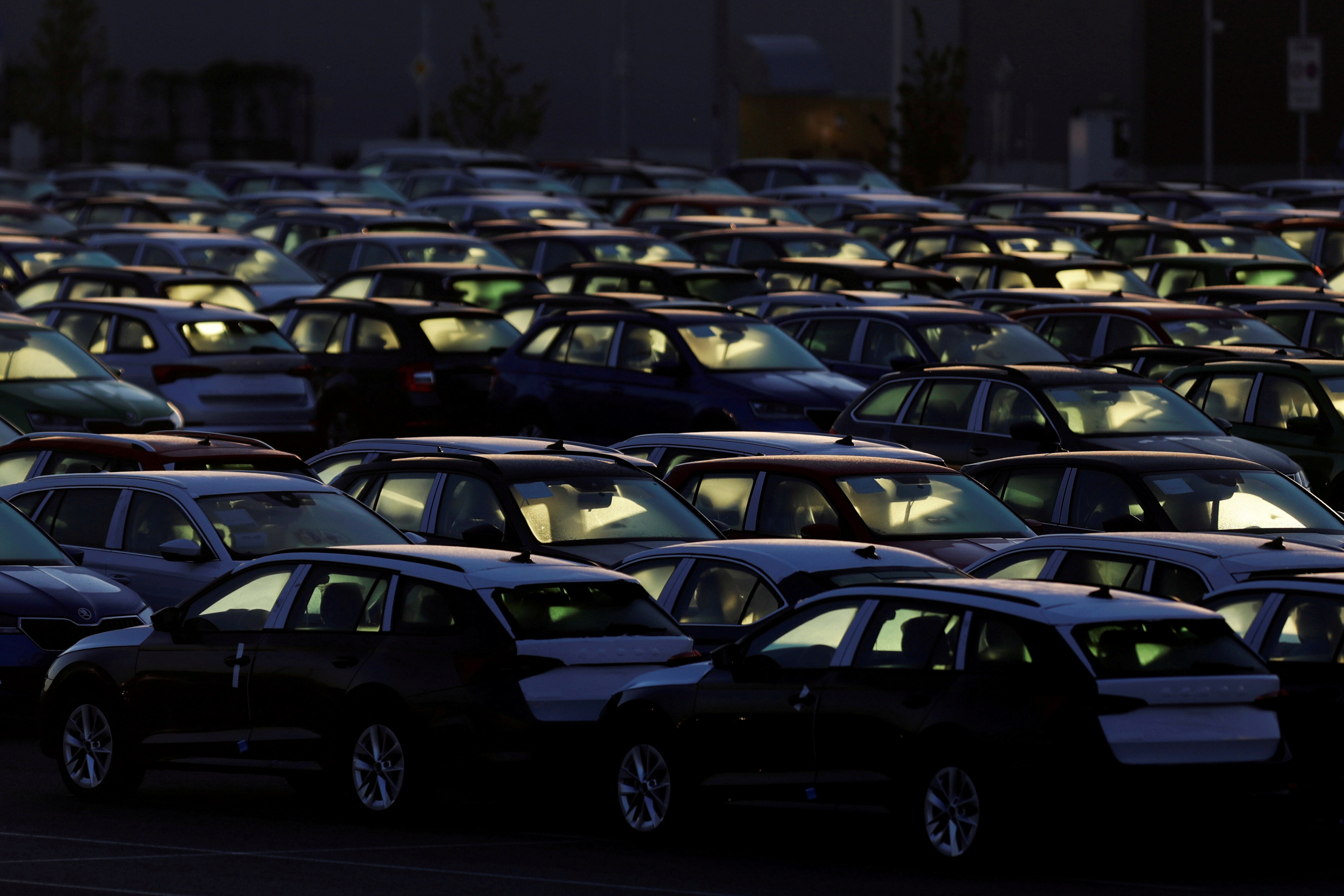 Cars are parked in the courtyard of Skoda Auto's factory in Mlada Boleslav